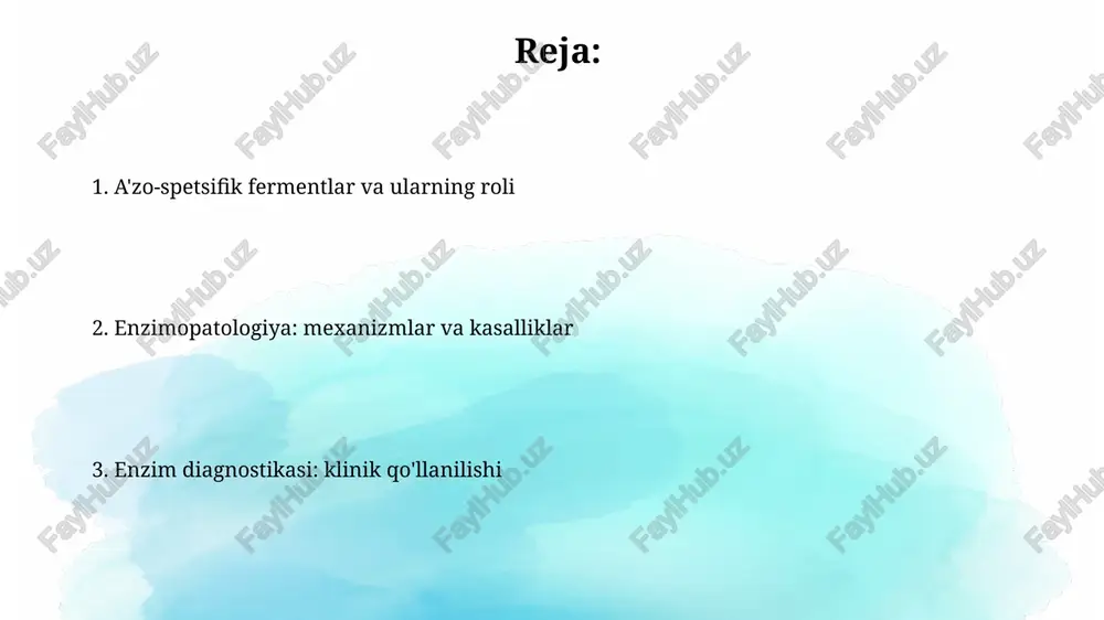hosil bo'lishida ishtirok etuvchi 1-aminooksidaza va gamma-glutamiltransferaza (ggt) kabi fermentlarga ega, ular aminokislotalar metabolizmida muhim rol o'ynaydi. buyrak fermentlari, masalan, laktatdegidrogenaza (ldh) izoenzimlari ldh-1 va ldh-5 buyrak shikastlanishini aniqlashda diagnostika uchun qimmatli hisoblanadi. bu shikastlanishning turini ko'rsatadi. oshqozon osti bezi fermentlari oshqozon osti bezi fermentlari, masalan, amilaza va lipaza, uglevodlar va yog'larni parchalashda muhim rol o'ynaydi, optimal faollik uchun ph 6.0-8.0 oralig'ini talab qiladi. tripsinogen, ximotripsinogen va prokarboksipeptidazalar kabi proteolitik fermentlar oqsillarni parchalash uchun oshqozon osti bezida sintezlanadi va faollashadi, ular zymogenlar holatida ishlab chiqariladi. mushak fermentlari mushak fermentlari, masalan, kreatin kinaz (ck), energiya almashinuvida muhim rol o'ynaydi, fosfokreatindan atf hosil qilishni katalizlaydi, bu esa mushak qisqarishiga yordam beradi. aldolaza, mushaklarda glikoliz fermenti sifatida ishlaydi, fruktoza-1,6-bisfosfatni dihidroksiaseton fosfat va gliseraldegid-3-fosfatga ajratadi, energiya ishlab chiqarishni ta'minlaydi. boshqa a'zolarning fermentlari boshqa a'zolarning fermentlari qonda paydo bo'lishi hujayra shikastlanishi bilan bog'liq bo'lib, masalan, miokard infarktida kreatin kinaz-mb (ck-mb) ning oshishi yurak to'qimalarining zararlanishini …