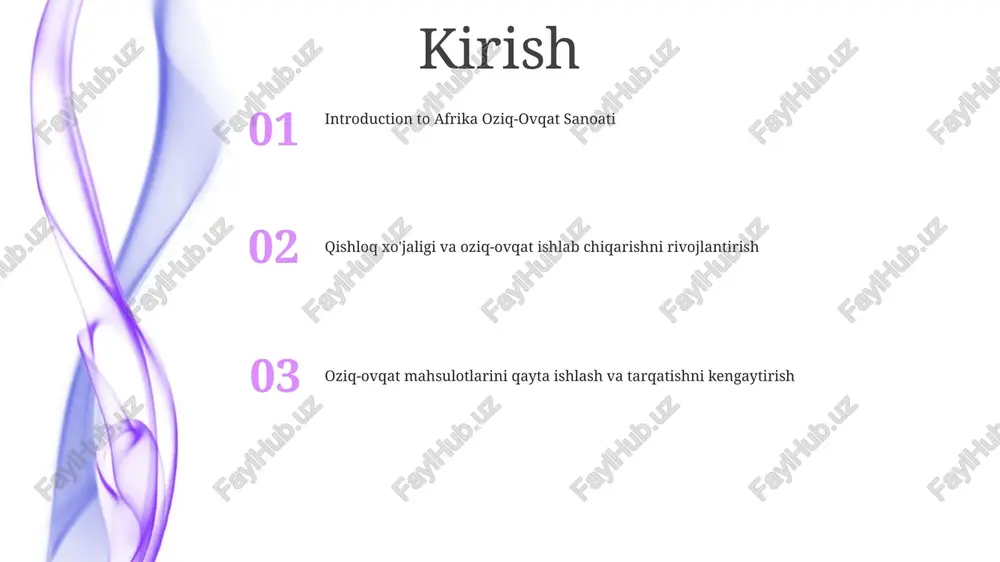 tirmoqda, xalqaro oziq-ovqat tarmoqlari va supermarketlar o'z faoliyatini kengaytirmoqda asosiy ekinlar va ingredientlar makkajo'xori: afrikada makkajo'xori uni, un va bo'tqa tayyorlash uchun ishlatiladigan asosiy ekin. sorghum: afrikaning ko'p joylarida etishtiriladigan qurg'oqchilikka chidamli don, pivo tayyorlash va un tayyorlash uchun ishlatiladi. tariq: og'ir sharoitlarga bardosh bera oladigan va g'arbiy va markaziy afrikada keng iste'mol qilinadigan to'yimli boshoqli ekin. ishlab chiqarish va tarqatish tarqatish tarmog'i: kompaniya o'z mamlakati bo'ylab va undan tashqarida iste'molchilarga yetib boradigan, o'z mahsulotlarini chakana savdo nuqtalariga samarali yetkazib berishni ta'minlaydigan mustahkam tarqatish tarmog'ini yaratdi. ishlab chiqarish quvvati: “afrika-ovqat sanoati” korxonasi zamonaviy ishlab chiqarish quvvatlariga ega bo'lib, keng miqyosda oziq-ovqat mahsulotlarini ishlab chiqarish imkonini beradi. mahsulotlar portfeli: “afrika qiziq-ovqat sanoati” anʼanaviy oʻzbek oshxonasidan tortib, zamonaviy xalqaro takliflargacha boʻlgan isteʼmolchilar ehtiyojlarini qondiradigan turli xil mahsulot portfelini taklif etadi. iste'molchi tendentsiyalari va afzalliklari 3. barqaror amaliyotlar haqida xabardorlikni oshirish: iste'molchilar o'zlarining oziq-ovqat tanlovlarining atrof-muhitga ta'siriga ko'proq e'tibor berishadi va ekologik toza …