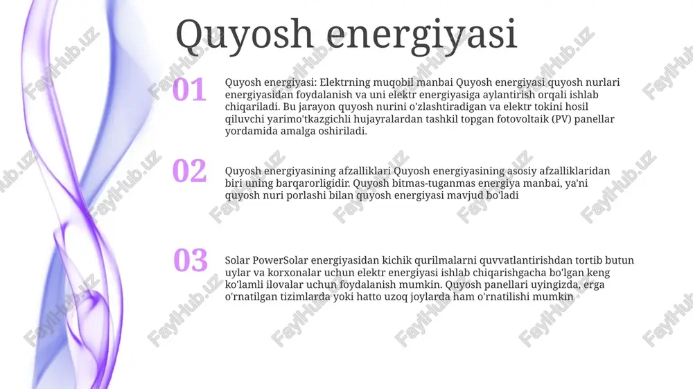 nergiyasini elektr energiyasiga aylantirish, oqayotgan yoki oqayotgan suvning kuchidan foydalanadi. bu issiqxona gazlarini chiqarmaydigan qayta tiklanadigan manba bo'lib, uni toza va barqaror energiya manbaiga aylantiradi. gidroenergetika tizimlarining turlari gidroenergetika tizimlari suv manbasiga ko'ra ikkita asosiy turga bo'linadi: daryo oqimi va to'g'on geotermal energiya geotermal energiya: qayta tiklanadigan elektr manbai elektr energiyasining noanʼanaviy manbalari: geothermal energy geotermal energiya: toza va barqaror energiya manbai biomassa energiyasi elektr energiyasining noanʼanaviy manbalari: elektr energiyasining noanʼanaviy manbalari quyosh, sham, suv va shamol kabi tabiiy resurslardan foydalanadi. ular kam rivojlangan hududlarda elektrizatsiya uchun muqobil echimlar ta'minlaydi. biomassa energiyasi: biomassa energiyasi - bu yog'och, o'simliklar va hayvonlar chiqindilari kabi organik moddalardan olinadigan energiya. bu elektr, issiqlik va transport yoqilg'ilarini ishlab chiqarish uchun ishlatilishi mumkin bo'lgan qayta tiklanadigan va barqaror energiya manbai. qayta tiklanadigan energiyaning afzalliklari: biomassa va boshqa tabiiy resurslar kabi qayta tiklanadigan energiya manbalari issiqxona gazlari emissiyasini kamaytirish, havo sifatini yaxshilash va iqlim o'zgarishini yumshatish orqali …