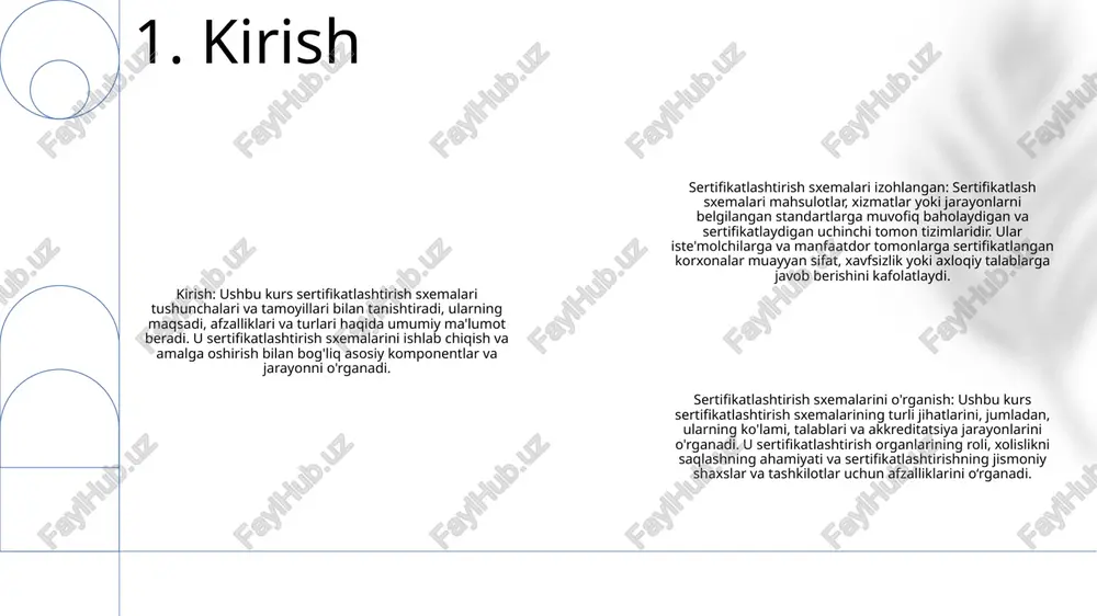 ashtirish sxemalari tamoyillari: sertifikatlash sxemalari mahsulotlar, xizmatlar yoki jarayonlarning muayyan standartlar va talablarga javob berishini ta'minlaydi. ular iste'molchilar va boshqa manfaatdor tomonlarga mustaqil tekshirish va ishonchni ta'minlaydi. case studies: sertifikatlash sxemalarining haqiqiy misollari ularning amaliy qo'llanilishi va afzalliklarini namoyish etadi. ular sxemalar mahsulot sifatini, xavfsizlikni oshirishni va bozorga kirishni qanday osonlashtirganini namoyish etadi. o'rganishning ahamiyati: sertifikatlash sxemalarini tushunish korxonalar, tartibga soluvchilar va iste'molchilar uchun juda muhimdir. bu ongli qarorlar qabul qilish imkonini beradi, shaffoflikni ta'minlaydi va ishonchni kuchaytiradi. 3. misollar va misollar akkreditatsiya va sertifikatlash: farqlarni tushunish xolislik va kompetentsiyani ta'minlash: muvaffaqiyatli akkreditatsiyaning asosiy elementlari doimiy takomillashtirish va manfaatdor tomonlarning ishtiroki: akkreditatsiyaning asosiy ustunlari 4. eng yaxshi tajribalar va o'rganilgan saboqlar e'tiboringiz uchun rahmat @taqdimot_robot image1.png /docprops/thumbnail.jpeg