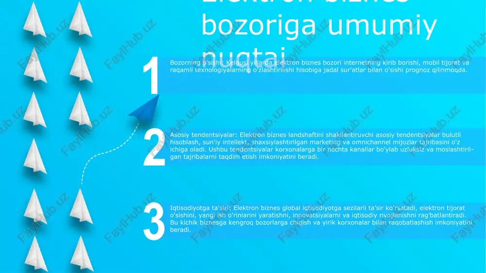 lot bo'yicha shaxsiy tavsiyalar va moslashtirilgan marketing kampaniyalarini taklif qilmoqda. mobile commerce boom: smartfonlar va planshetlar onlayn xarid qilish uchun muhim aloqa nuqtalariga aylandi, bu esa mobil tijorat yechimlari va mobil optimallashtirilgan xarid tajribasining tez o'sishiga turtki bo'ldi. mobil tijorat texnologiyalari elektron biznes: elektron biznes ("elektron biznes") tijorat operatsiyalari uchun internetdan foydalangan holda elektron tijorat, elektron banking va elektron marketingni o'z ichiga olgan onlayn biznes faoliyatini o'z ichiga oladi. mobil tijorat texnologiyalari: mobil tijorat texnologiyalari mobil qurilmalarda qulay va uzluksiz tranzaksiyalarni amalga oshirish imkonini beruvchi mobil to‘lovlar, mobil banking va mobil xaridlarni o‘z ichiga oladi. mobil-tijorat:mobil-tijorat (mobil tijorat) mobil tarmoqlar va texnologiyalardan foydalangan holda mobil qurilmalar, jumladan, smartfon va planshetlar orqali amalga oshiriladigan tijorat tranzaksiyalariga ishora qiladi. ishqalanishsiz elektron tijorat xaridlari frictionless checkout: bir marta bosish bilan sotib olish va saqlangan to'lov ma'lumotlari kabi ishqalanish va tashlab ketishni minimallashtiradigan soddalashtirilgan buyurtma jarayonlari. mobil optimallashtirish: mobil qurilmalarga muammosiz moslashadigan, yo‘lda ishqalanishsiz …