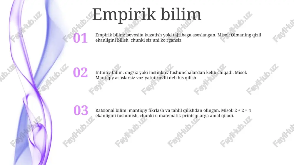 i o'rtasidagi o'zaro bog'liqlik 3. nazariy bilish (nazariy bilim): mulohaza yuritish va mantiqiy deduksiya orqali ishlab chiqilgan mavhum va taklifli bilim. 1. hissiy bilish (sezgi bilimlari): sezgilar orqali to'g'ridan-to'g'ri idrok etishga asoslangan, aniq va bevosita tajribani ta'minlaydi. 2. empirik bilish (empirik bilim): kuzatish va tajribadan kelib chiqqan holda, dalillar va hissiy ma'lumotlarga tayangan holda. empirik va nazariy bilimlarning farqlari empirik bilim: bevosita kuzatish yoki tajribadan olingan. bu aniq va o'ziga xosdir. nazariy bilimlar: mavhum tamoyillar yoki tushunchalarga asoslangan. bu umumiy va tushuntirishdir. empirik va nazariy bilimlar o‘zaro bog‘langan: empirik bilimlar nazariy bilimlar uchun ma’lumotlar beradi, nazariy bilim esa empirik tadqiqotlarni boshqaradi. nazariy va intuitiv bilimlar o'rtasidagi farqlar intuitiv bilimlar:- toʻgʻridan-toʻgʻri idrok etish, tushunish yoki darhol anglash asosida.- koʻpincha ongli fikrlash yoki mantiqiy asoslashsiz oʻz-oʻzidan paydo boʻladi.- subyektiv, shaxsiy va kontekstga bogʻliq. nazariy bilimlar:- mantiqiy fikrlash, aksiomalar va belgilangan tamoyillarga asoslanadi.- o‘rganish, izlanish va intellektual izlanishlar natijasida olinadi.- ob’ektiv, mavhum va …