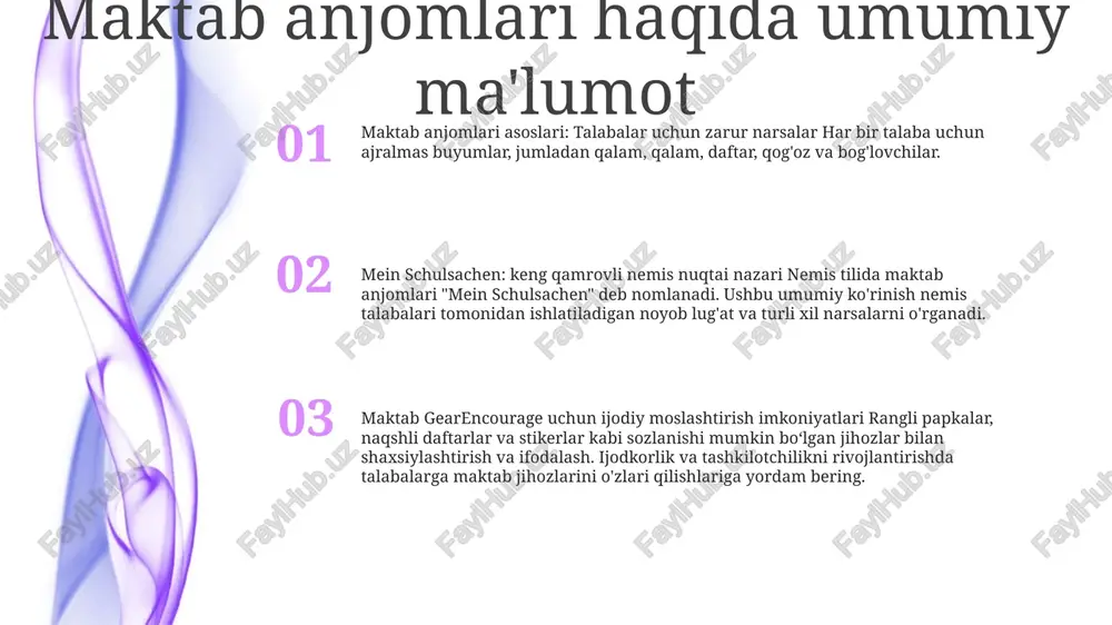ar va interaktiv onlayn o'yinlar kabi jismoniy va virtual resurslarni o'z ichiga oladi. ijodiy materiallar 3: mein schulsachen mijozlarga mukammal xizmat ko'rsatadi va mijozlarga o'z ehtiyojlari uchun mukammal o'quv qurollarini topishga yordam berishga bag'ishlangan. 1: creative materials, mein schulsachen rang-barang qalam va qalamlardan tortib, zamonaviy ryukzaklargacha bo'lgan keng doiradagi ish yuritish buyumlarini taklif etadi. 2: do'konda bolalarda ijodkorlikni rivojlantirish uchun juda mos bo'lgan bo'yoqlar, cho'tkalar va qog'oz kabi turli xil ijodiy materiallar mavjud. shaxsiy qulaylik buyumlari shaxsiy parvarish: deodorant, tish cho'tkasi, tish pastasi, qo'l dezinfektsiyalash vositasi va ro'molcha bilan gigienaga e'tibor bering. sinfning asosiy qoidalari: daftar, qalam, qalam, yoritgich, chizg‘ich va kalkulyator bilan tartibli va tayyor bo‘ling. maktab anjomlari: rangli markerlar, rangli qalamlar, qaychi, elim va qog'oz bilan o'rganishni yanada qiziqarli qiling. elektron qurilmalar raqamli aloqa: hamkorlikni rivojlantirish onlayn hamkorlik vositalari va lahzali xabar almashish platformalari talabalar va o'qituvchilar o'rtasida uzluksiz muloqotni osonlashtiradi. ushbu vositalar guruh loyihalarini amalga oshirishga imkon …