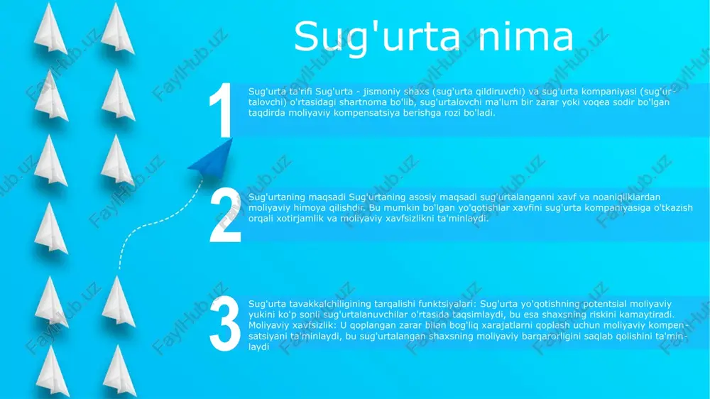 aslahat organi sifatida vujudga kelgan. u qarorlar qabul qilish va strategik rejalashtirish uchun platforma bo'lib xizmat qildi. mohiyati (maqsad): sugʻurtaning asosiy maqsadi moʻgʻul xonlariga boshqaruv, harbiy yurishlar, diplomatiya va vorislik masalalarida rahbarlik qilish edi. moʻgʻullar imperiyasini barpo etish va uni saqlab qolishda hal qiluvchi rol oʻynadi. sug'urta turlari sog'liqni saqlash sug'urtasi: tibbiy xarajatlarni qoplashga yordam beradi, shu jumladan shifokorga tashrif buyurish, kasalxonada qolish va retsept bo'yicha dori-darmonlar, odamlarni sog'liq bilan bog'liq kutilmagan moliyaviy yuklardan himoya qiladi. hayotni sug'urtalash: sug'urtalovchining vafotidan keyin yaqinlarini moliyaviy himoya qiladi, dafn qilish, ipoteka va ta'lim kabi xarajatlarni qoplaydi. mulkni sug'urtalash: binolarni, shaxsiy buyumlarni va boshqa mulkni yong'in, o'g'irlik va tabiiy ofatlar kabi xavflardan himoya qiladi, zarar yoki yo'qolgan taqdirda moliyaviy tiklanishni ta'minlaydi. sug'urtaning ahamiyati moliyaviy himoya: sug'urta kutilmagan hodisalardan moliyaviy xavfsizlikni ta'minlaydi. u mulkka etkazilgan zarar, sog'liq uchun favqulodda vaziyatlar, baxtsiz hodisalar yoki boshqa sug'urtalangan xavflar tufayli yuzaga kelishi mumkin bo'lgan yo'qotishlar va xarajatlarni qoplaydi. …