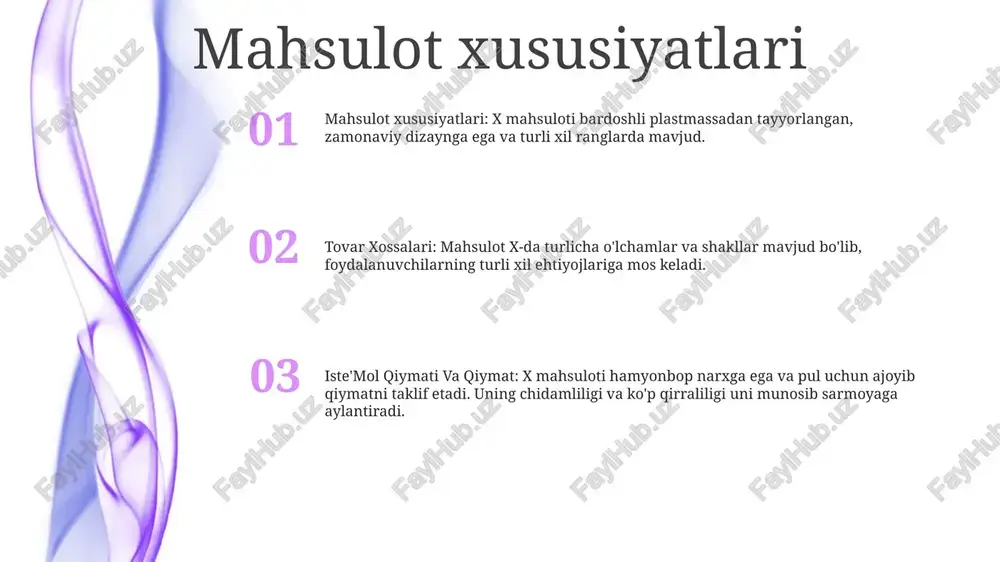 tellektual mulk huquqlari: ta'rifi va turlariintellektual mulk (ip) huquqlari ixtirolar, adabiy va san'at asarlari, ramzlar, nomlar va tasvirlar kabi aqliy ijod uchun qonuniy himoyadir. ip huquqlari bir necha toifalarga bo'linadi: patentlar, mualliflik huquqlari, tovar belgilari va tijorat sirlari. intellektual mulk huquqlari: narxlar va baholash ip huquqlarining bahosi va bahosi turli omillarga, jumladan, himoyaning kuchi va ko'lami, bozor talabi va potentsial daromad oqimlariga bog'liq. ipni baholash usullariga bozor yondashuvi, daromad yondashuvi va xarajat yondashuvi kiradi. fiziologik xususiyatlar dorivor qiymati: diareya uchun an'anaviy vosita sifatida ishlatiladi antibakterial va antifungal xususiyatlarga ega. yallig'lanishni kamaytiradi va xolesterin darajasini pasaytirishi mumkin. fiziologik xususiyatlari: har xil haroratga (12-32°c) moslashadi, qurg‘oqchilik va sho‘rlanishga toqat qiladi. oziqlanish qiymati: a, c vitaminlari va kaltsiyga boy. xun tolasining yaxshi manbai. tarkibida antioksidantlar va yallig'lanishga qarshi birikmalar mavjud. ijtimoiy mulk ijtimoiy mulklar: ijtimoiy ahamiyatga ega bo'lgan va odatda maktablar, kutubxonalar va shifoxonalar kabi notijorat maqsadlarda foydalaniladigan mulklar. tovar xossalari: mulkning joriy …