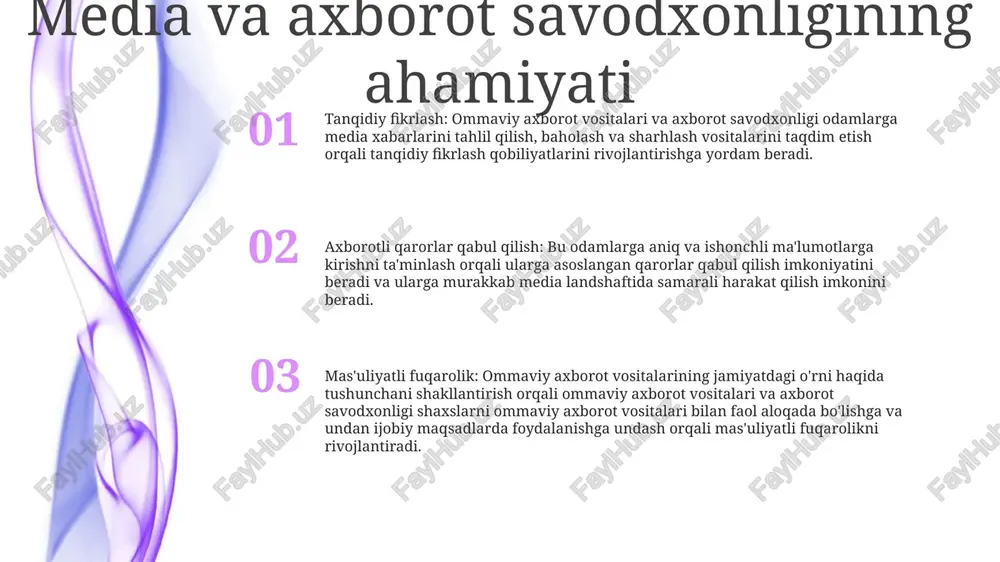 tan olish. media va axborot savodxonligi muammolari ommaviy axborot vositalarining to'yinganligi: oav xabarlarining juda ko'pligi odamlarga ishonchli ma'lumotni noto'g'ri ma'lumotdan ajratishni qiyinlashtirishi mumkin. raqamli bo'linish va kirish: texnologiyadan foydalanishning tengsizligi, ayniqsa marginallashgan jamoalarda, ommaviy axborot vositalari va axborot savodxonligi imkoniyatlarini cheklaydi. kognitiv tarafkashliklar va tasdiqlash tarafkashliklari: odamlar o'zlarining mavjud e'tiqodlarini tasdiqlovchi ma'lumotni izlashga va sharhlashga moyil bo'lib, cheklangan tanqidiy fikrlash va turli nuqtai nazarlarni qabul qilishga olib keladi. media va axborot savodxonligining afzalliklari fuqarolik faolligini rag‘batlantiradi: ommaviy fikrni shakllantirishda ommaviy axborot vositalarining rolini tushunish orqali oav va axborot savodxonligi fuqarolarga jamiyatda faol ishtirok etish va rahbarlarni javobgarlikka tortish imkonini beradi. tanqidiy fikrlashni kuchaytiradi: ommaviy axborot vositalari va axborot savodxonligi odamlarga ma'lumotni tanqidiy baholash, noto'g'ri fikrlarni aniqlash va asosli qarorlar qabul qilish imkonini beradi. butun umr bo'yi ta'limni yaxshilaydi: axborot landshaftlari jadal rivojlanayotgan davrda ommaviy axborot vositalari va axborot savodxonligi odamlarni doimiy ravishda axborotni egallash, baholash va undan samarali foydalanish ko'nikmalari …