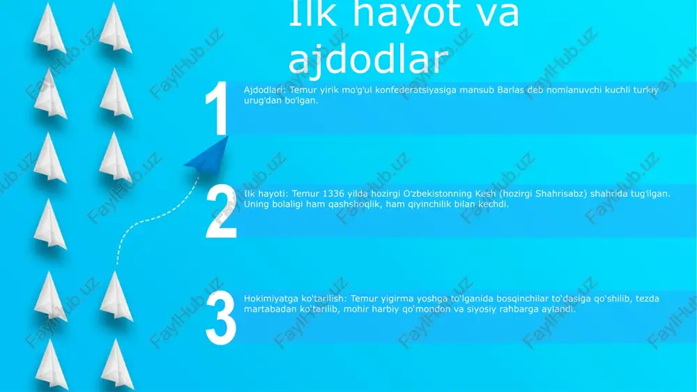 y mo''jiza bo'lib qolmoqda. tarixiy: amir temurning harbiy yurishlari oʻrta osiyodan oʻrta yer dengizigacha boʻlgan hududni qamrab olgan ulkan imperiyaga asos soldi. uning zabt etishlari u hukmronlik qilgan hududlarda abadiy iz qoldirdi. madaniy: temur saroyi intellektual va badiiy faoliyat markazi edi. u ilm-fan va innovatsiyalarni rag'batlantirdi va uning hukmronligi astronomiya, matematika va adabiyotdagi yutuqlarga guvoh bo'ldi. uning merosi mintaqadagi va undan tashqaridagi yozuvchilar, rassomlar va olimlarni ilhomlantirishda davom etmoqda. diplomatik munosabatlar diplomatik ittifoqlar: amir temur turli hukmdorlar va imperiyalar, jumladan, misr mamluklari, oltin oʻrda va xitoyning min sulolasi bilan diplomatik aloqalar oʻrnatgan. ushbu ittifoqlar savdo yo'llarini ta'minladi, mojarolarni kamaytirdi va madaniy almashinuvni kuchaytirdi. diplomatik strategiya: temur tinch muzokaralardan tortib harbiy tahdidlargacha boʻlgan diplomatik taktikalarni qoʻllagan. u potentsial dushmanlarni to'xtatib, foydali ittifoqlar o'rnatishni maqsad qilgan. uning diplomatik strategiyalari imperiyasining barqarorligi va kengayishiga yordam berdi. diplomatik meros: amir temurning diplomatik tashabbuslari uzoq muddatli samaralar berdi. uning diplomatik kanallar yo‘lga qo‘yishi o‘rta osiyo …
