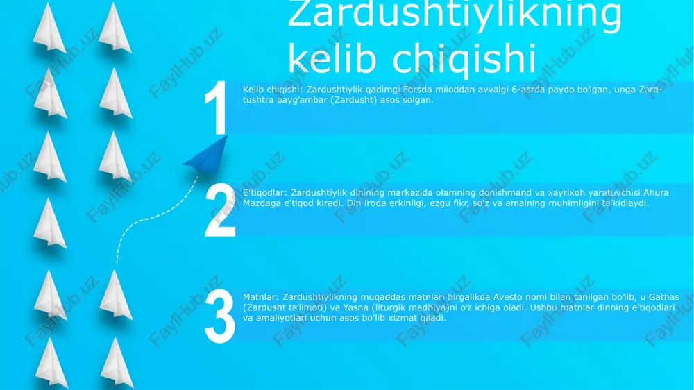 izmat qiladi. unda zardusht payg'ambarning ta'limotlari, jumladan gatalar (madhiyalar) va boshqa liturgik matnlar mavjud. og'zaki an'analar va yozuvlar zardushtiylik ham avloddan-avlodga o'tib kelayotgan og'zaki an'analarga tayanadi. mifologik ertaklar, “avesto”ga sharhlar, zardusht hayoti va ta’limoti haqidagi hikoyatlar shular jumlasidandir. bundan tashqari, keyingi zardushtiylarning “bundaxishn” va “denkart” kabi yozuvlari qimmatli fikrlarni beradi. gatalar zardushtiylik: monoteistik e'tiqod tizimi zardushtiylik yagona yaratuvchi xudo ahura mazdaga ishonadigan monoteistik dindir. ahura mazda ezgulik va yorug‘lik manbai sifatida qaralsa-da, u yovuzlik va zulmat manbai angra mainyu bilan doimiy kurashda. gatalar: zardushtiylik dinining muqaddas matnlari zardushtiylik dinining eng qadimiy va muqaddas matnlari boʻlgan gatalarda zardusht paygʻambarning ilohiy vahiylari mavjud. avesta tilida yozilgan “gatalar” 17 bobdan iborat bo‘lib, zardushtiylikning asosiy tamoyillari, axloqi va sig‘inish shakllarini tushuntiradi. zardushtiylikning asosiy ta’limoti zardushtiylik ezgu fikr, ezgu so’z, ezgu amal tushunchalariga asoslanadi. turli xil topinish turlari orasida olovga sig'inish ham muhim o'rin tutadi. zardushtiylar o‘limdan keyin yaxshilik qilganlar jannatga, yomonlik qilganlar esa do‘zaxga …
