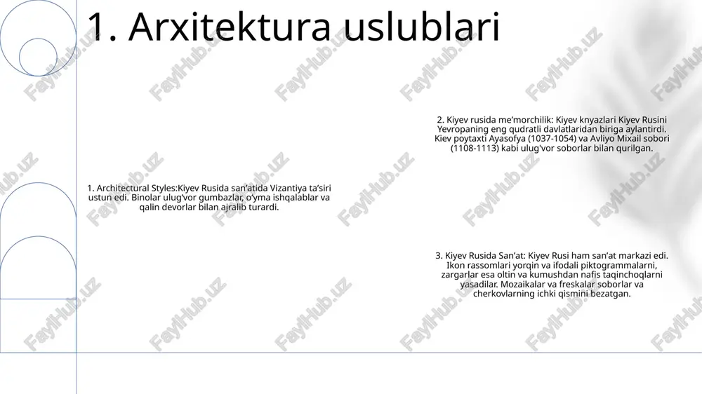 n-to'g'ri devorlarga bo'yalgan, ular o'zlarining yorqin ranglari va ta'sirchan sahnalari bilan diniy hikoyalarni jonlantirgan. kievdagi ushr cherkovidagi "ukraina suvga cho'mish" freskasi ushbu san'at turining yorqin namunasidir. ramziy ma'no: kiev rusida mozaikalar ham, freskalar ham ramziy ma'noga ega edi. diniy arboblar va sahnalar nasroniylikning tarqalishini va davlatning qudratini ifodalagan. geometrik naqshlar tartib va ​​uyg'unlikni anglatadi. 3. mozaikalar va freskalar kiev rusidagi ikonografiya: cherkovlar va monastirlarda ko'rilgan piktogrammalarning diniy va tarixiy ahamiyatini o'rganadi. kiev rusidagi arxitektura va san'at: cherkovlar va soborlarning me'moriy tuzilmalari, freskalari va mozaikalarini o'rganadi. kiev rusidagi qo'lyozmalar va miniatyuralar: qo'lyozmalarda topilgan miniatyuralarning badiiy tomonlarini va ularning tarixiy voqealarni yoritishdagi rolini ko'rib chiqadi. 4. ikonografiya 1. vizantiya ta'siri: kiev rusining vizantiya imperiyasidan nasroniylikni qabul qilishi muhim me'moriy ta'sirga olib keldi. gumbaz, mozaika va freskalardan foydalanishga vizantiya cherkov me'morchiligi ta'sir ko'rsatdi. 2. yog'och arxitekturasi: ukrainaning an'anaviy yog'och me'morchiligi ham rol o'ynadi. murakkab o'ymakorlik va polixrom bezakli yog'och cherkovlar kiev rusi me'moriy …