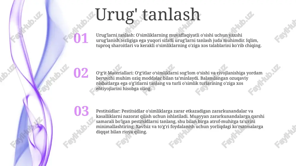 klarning optimal o'sishi va rivojlanishini ta'minlash uchun maxsus texnikani talab qiladi. 2. oʻtqazgich materiallar:oʻtqazgich materiallari deganda ular orqali elektr tokining oson oʻtishiga imkon beruvchi materiallar tushuniladi. ushbu materiallar elektr zanjirlari va qurilmalaridagi muhim komponentlar bo'lib, elektr tokini uzatish imkonini beradi. ildiz poyalari ildiz poyalari: boshqa o'simlik materiallarini payvandlash uchun asos sifatida ishlatiladigan maxsus o'simliklar. ular kasalliklarga chidamlilik, qurg'oqchilikka chidamlilik va meva sifatini yaxshilash kabi kerakli xususiyatlarni ta'minlaydi. vegetativ ko'payish: o'simliklarni ko'paytirish usuli, urug'lardan emas, balki o'simlik qismlaridan (masalan, so'qmoqlar, payvandlar) foydalanishni o'z ichiga oladi. bu kerakli xususiyatlarni ko'paytirishga imkon beradi va o'simlik populyatsiyalari ichida genetik bir xillikni saqlaydi. nematodalar: ekin o'simliklariga katta zarar etkazishi mumkin bo'lgan mikroskopik yumaloq qurtlar. ular o'simlik ildizlari bilan oziqlanadi, bu esa o'sishning pasayishiga, so'lib ketishiga va hosilning yo'qolishiga olib keladi. scionlar oʻtqazgich materiallar: oʻzbek tilida “oʻtkazuvchan materiallar” degan maʼnoni bildiradi, yaʼni ular orqali elektr tokini oson oʻtkazish imkonini beruvchi materiallar. scion: ko'pincha tarixiy yoki adabiy …