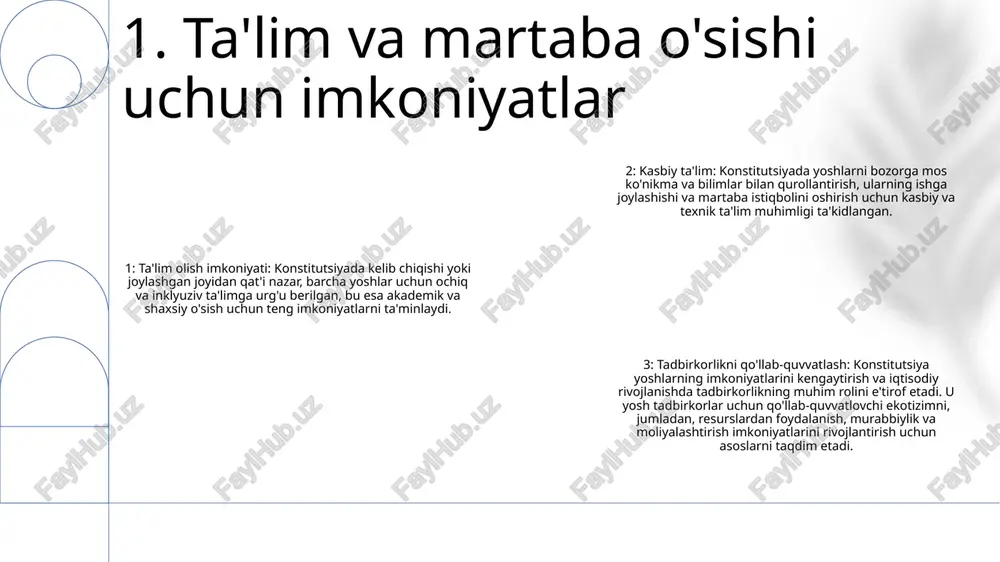 lardan foydalanish imkoniyatini ta’minlash, startaplar va texnologiya rivojlanishini rag‘batlantirish uchun innovatsiyalar va texnologiyalarni o‘rganish markazlari tashkil etilgan. 3: elektron hukumat tashabbuslari: elektron hukumat platformalari yoshlar uchun davlat xizmatlaridan, jumladan raqamli identifikatorlar, elektron toʻlovlar va onlayn taʼlimdan foydalanishni soddalashtirdi, samaradorlik va imkoniyatlarni kengaytirishga yordam berdi. 3. innovatsiyalar va texnologik imkoniyatlarni kengaytirish yoshlarning ijtimoiy himoyasi: konstitutsiya yoshlarning har tomonlama ijtimoiy himoyasini, jumladan, sifatli ta’lim, sog‘liqni saqlash, bandlik va uy-joydan foydalanishni ta’minlaydi. ta'lim va ish bilan ta'minlash imkoniyatlari: bu yoshlarning ish bilan ta'minlanishi va kelajak istiqbollarini oshirish uchun teng ta'lim imkoniyatlari va kasbiy ta'lim olish imkoniyatlarini ta'minlash muhimligini ta'kidlaydi. fuqarolik va madaniy ishtirok: konstitutsiyada yoshlarning millatning ijtimoiy va madaniy rivojlanishini shakllantirishdagi roli, qarorlar qabul qilish jarayonlarida va madaniy tadbirlarda faol ishtirokini rag‘batlantirish e’tirof etilgan. 4. ijtimoiy va madaniy rivojlanish 1: o‘zbekiston respublikasi konstitutsiyasidagi salomatlik va farovonlik tashabbuslarida asosiy e’tibor sifatli tibbiy xizmatdan foydalanishni ta’minlash, sog‘lom turmush tarzini targ‘ib qilish va yoshlar salomatligidagi nomutanosibliklarni …