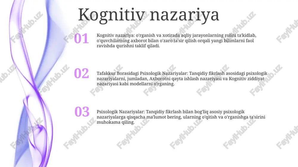 nday ta'sir qilishini o'rganadi. xulq-atvor nazariyasi 1. xulq-atvor nazariyasi: xulq-atvor birinchi navbatda atrof-muhit omillari va o'tmishdagi tajribalar bilan shakllantirilishini ta'kidlaydi, bunda asosiy e'tibor ichki ruhiy jarayonlarga emas, balki kuzatiladigan harakatlarga qaratiladi. 2. tafakkur borasidagi psixologik nazariyalar: psixologiyada ma’naviyat nuqtai nazarini taklif qiladi, o‘zlikni anglash va rivojlantirishda aks ettirish, tafakkur va ongning roliga e’tibor beradi. 3. psixologik nazariyalar: psixologiyaning keng doiradagi nazariyalarini, jumladan, bihevivoristik nazariya, kognitiv nazariya va gumanistik nazariyalarni o‘z ichiga oladi, ularning har biri inson xatti-harakati va tajribasini tushunish uchun o‘ziga xos faraz va ta’sirlarga ega. axborotni qayta ishlash nazariyasi kognitiv psixologiya istiqbollari: psixik jarayonlar (idrok, e'tibor, xotira, fikrlash) va ularning kognitiv xatti-harakatlarga ta'sirini o'rganadi. axborotni qayta ishlash nazariyasi: axborotni qayta ishlash uchun kompyuter kabi modeldan foydalangan holda ongni tushunishga urinish. tafakkur nazariyalari: tafakkurning mohiyati va uning inson bilishidagi rolini tushunishga urinish. muammoni hal qilish nazariyasi muammoni hal qilish qidiruv nazariyasi sifatida: muammoni hal qilishni mumkin bo'lgan echimlar bo'shlig'ida …