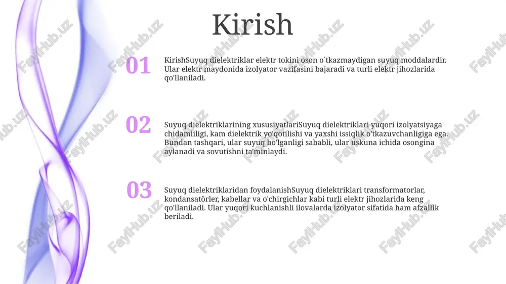 i kuchlanishli izolyatsiya: suyuq dielektriklar yuqori kuchlanishlarda mukammal izolyatsion xususiyatlarga ega, bu ularni transformatorlar, kondansatörler va yuqori voltli kabellarda ishlatish uchun ideal qiladi. sovutish va issiqlik uzatish: suyuqliklar issiqlikni samarali ravishda uzatadi, bu ularni transformatorlar va motorlar kabi elektr jihozlarida sovutish suyuqliklari sifatida moslashtiradi, haddan tashqari issiqlikning oldini oladi va samarali ishlashni ta'minlaydi. arkni bostirish: suyuq dielektriklar ko'pincha elektr qurilmalaridagi elektr yoylarini to'xtatish uchun ishlatiladi. ularning yoylarni tez va xavfsiz tarzda o'chirish qobiliyati uskunalar va xodimlarni himoya qilishga yordam beradi suyuq dielektriklarning afzalliklari o'z-o'zini davolash xususiyatlari: suyuq dielektriklar elektr uzilishi sodir bo'lganda o'z-o'zini davolash qobiliyatiga ega. suyuqlik molekulalari parchalanish natijasida hosil bo'lgan bo'shliqni to'ldirish uchun harakat qiladi va dielektrik kuchini tiklaydi. yuqori dielektrik quvvat: suyuq dielektriklar gazsimon yoki qattiq dielektriklarga nisbatan yuqori dielektrik quvvatga ega. bu ularga yuqori elektr kuchlanishlariga buzilmagan holda bardosh berishga imkon beradi. zo'r issiqlik o'tkazuvchanligi: suyuq dielektriklar boshqa dielektriklarga nisbatan yuqori issiqlik uzatish imkoniyatlarini taklif qiladi. …