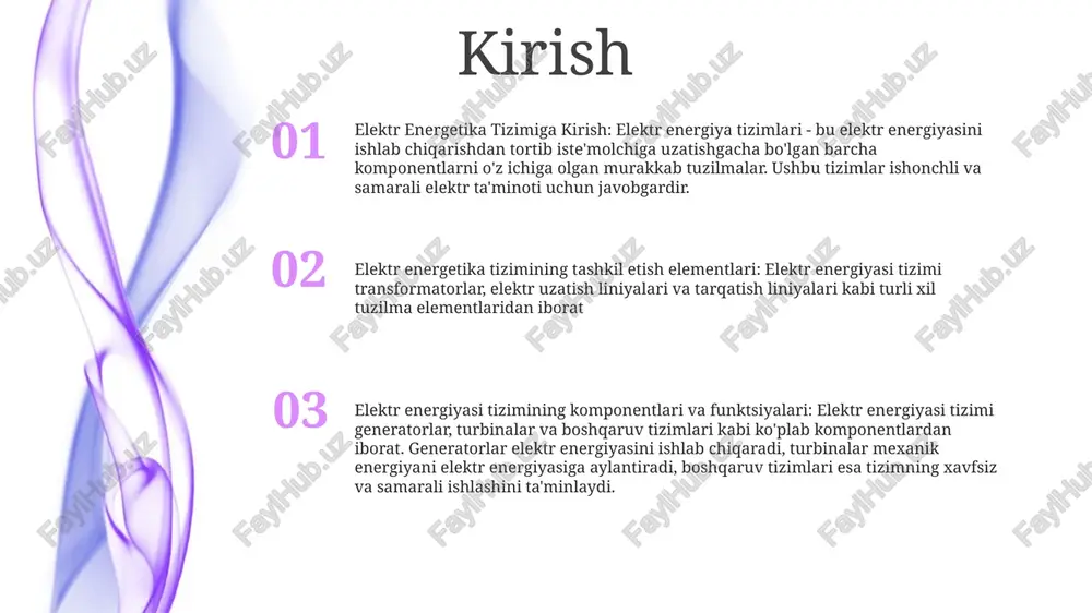 uzatish liniyalari, podstansiyalar va transformatorlarni o'z ichiga oladi. tarqatish 1: elektr energetika tizimining tashkil etuvchi qurulmalar is responsible for the development and implementation of uzbekistan's national electricity grid. 2: kompaniya shuningdek, mamlakatning elektr energiyasi bozorini boshqaradi va barcha elektr stansiyalari va elektr uzatish liniyalarining ishlashini nazorat qiladi. 3: “elektr energetika tizimining tashkil etuvchi qurulmalar” oaj o‘zbekistonning barcha fuqarolari va xo‘jalik yurituvchi subyektlarini elektr energiyasi bilan ishonchli va samarali ta’minlashda muhim rol o‘ynaydi. substansiya elektr energetika tizimining tashkil etuvchi qurulmalar: components of electrical power systems, including generation, transmission, distribution, and utilization. substansiya: elektr energiyasini qabul qiluvchi, o'zgartiruvchi va taqsimlovchi ob'ekt. substantsiya, elektr energetika tizimining tashkil etuvchi qurilishlari: podstansiyalar elektr energiya tizimlarining muhim tarkibiy qismi bo'lib, elektr energiyasini xavfsiz va samarali taqsimlashda muhim rol o'ynaydi. yuklash talabga javob berish: narx signallari yoki boshqa rag'batlarga javoban elektr yukini sozlash. elektr yuki: ma'lum bir vaqtda elektr tizimida iste'mol qilinadigan elektr quvvati. yukning egri chizig'i: …
