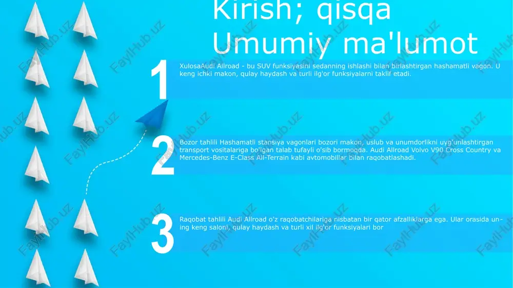 t - audi allroad to'g'ridan-to'g'ri volvo v90 va mercedes-benz e-class all-terrain kabi boshqa hashamatli stansiya vagonlari va suvlar bilan raqobatlashadi.- allroad o'zining mustahkam dizayni kabi raqobatchilardan ajralib turadigan noyob xususiyatlarni taklif etadi. va off-road imkoniyatlari. audi allroad evaluation- audi allroad qulay va hashamatli avtomobil bo'lib, u yaxshi ishlashi va boshqaruvini ta'minlaydi.- bundan tashqari, u kundalik haydashda ham, yo'ldan tashqarida sarguzashtlarda ham foydalanish mumkin bo'lgan ko'p qirrali transport vositasidir.- allroad narxi boshqa hashamatli narsalar bilan raqobatbardoshdir maqsadli auditoriya audi allroad evaluation - avtomobilning boshqaruvi, tezlashuvi va yoqilg'i samaradorligini ta'kidlab, ishlashning batafsil sharhlarini taqdim etadi.- allroad-ning ilg'or xususiyatlari va texnologiyalarini, jumladan, uning to'liq g'ildirakli haydovchi tizimi, moslashuvchan osma va ma'lumot-ko'ngilochar tizimini qamrab oladi.- haqiqiy dunyo bo'yicha tushunchalarni taqdim etadi maqsadli auditoriya- shahar va qo'pol muhitlar uchun ko'p qirrali va hashamatli avtomobilni qidiradigan potentsial avtomobil xaridorlari.- ochiq havoda sarguzashtlar va dam olish tadbirlarini birinchi o'ringa qo'yadigan faol hayot tarziga ega shaxslar baholashning qisqacha …