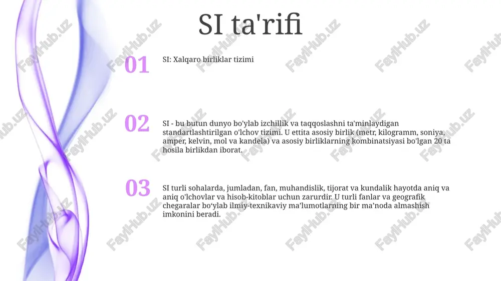 n dunyo bo'ylab olimlar, muhandislar va tadqiqotchilar o'rtasida aniq va bir ma'noli aloqani ta'minlovchi standartlashtirilgan birliklar tizimini taqdim etadi. xalqaro hamkorlikni yaxshilaydi: si ilmiy va texnik almashinuv uchun umumiy til bo'lib xizmat qiladi, bu esa tadqiqotchilar va sanoat tarmoqlari o'rtasida chegaralar va fanlar bo'ylab hamkorlik qilish imkonini beradi. xalqaro vazn va o'lchovlar byurosi (bipm) muvofiqlikdagi roli: bipm butun dunyo bo'ylab o'lchov standartlarining izchilligi va aniqligini ta'minlashda hal qiluvchi rol o'ynaydi bipm: xalqaro og'irliklar va o'lchovlar byurosi (bipm) frantsiyada joylashgan hukumatlararo tashkilot bo'lib, xalqaro birliklar tizimini (si), o'lchovlar uchun xalqaro standartlarni saqlaydi va ularning global bir xilligini ta'minlaydi. xalqaro birliklar tizimi: xalqaro birliklar tizimi (si) metrik tizimning zamonaviy shakli bo'lib, dunyodagi eng keng tarqalgan o'lchov tizimidir. u metr, kilogramm, soniya, amper, kelvin, mol va kandela kabi ettita asosiy birlik to'plamiga asoslangan. si tarixi si (système international d'unités): 1960 yilda qabul qilingan xalqaro birliklar tizimi soddalik, universallik va fanlararolik tamoyillariga asoslangan zamonaviy …