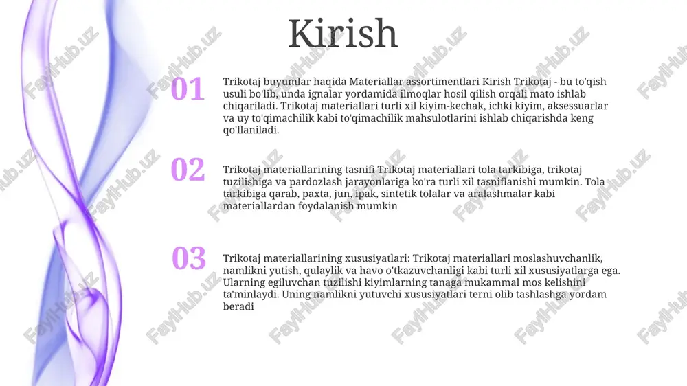 rning optimal aralashmasini aniqlash uchun iste'molchilar ehtiyojlarini, bozor tendentsiyalarini va raqobatbardosh takliflarni tahlil qilishni o'z ichiga oladi. trikotaj materiallar assortimentlarini o‘rganish: trikotaj materiallari assortimentini, ularning funksionalligi va bozor jozibadorligini tushunish uchun tola tarkibi, ip turi va to‘qish texnikasi kabi omillarni hisobga olgan holda o‘rganadi. ip tanlash va xususiyatlari ip tolasi turlari: - tabiiy tolalar: paxta, jun, ipak va boshqalar. - sun'iy tolalar: poliester, neylon, akril va boshqalar. ip konstruktsiyasi:- yagona ip: bitta toladan yasalgan- qatlamli ip: bir-biriga o'ralgan bir nechta toladan yasalgan ipning xarakteristikalari: - qalinligi: uzunlik birligi uchun hisob yoki og'irlik bilan o'lchanadi - kuch: kuchlanish ostida uzilishga bardosh berish qobiliyati - elastiklik: cho'zish va asl shakliga qaytish qobiliyati trikotaj texnikasi va tikuv naqshlari asosiy trikotaj choklari: son-sanoqsiz trikotaj naqshlarining asosini tashkil etuvchi trikotaj choki, purl chok va qovurgʻa choklari kabi toʻqishning asosiy choklarini oʻzlashtiring. iplar turlari va xususiyatlari: iplarning har xil turlarini, jumladan, ularning tolasi, qalinligi va tuzilishini …