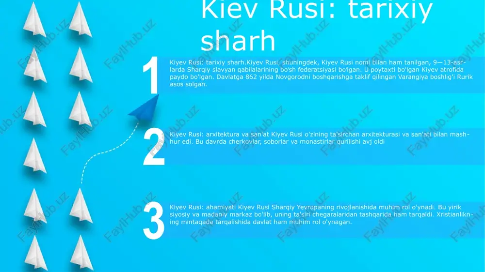 da ikona rasmlari chuqur diniy ahamiyatga ega edi, chunki ikonalar sodiq va ilohiy o'rtasidagi o'tkazgich ekanligiga ishonishgan. ular cherkovlar va uylarni bezatib, hurmat va ibodat ob'ekti bo'lib xizmat qildilar. vizantiya ta'siri: kievan rus piktogramma rasmiga vizantiya badiiy an'anasi katta ta'sir ko'rsatdi, bu tafsilotlarga, jonli ranglarga va ramziy ikonografiyaga jiddiy e'tibor qaratdi. bu ta'sir kievan rus piktogrammalarining cho'zilgan raqamlari, murakkab oltin fonlari va ifodali yuzlarida yaqqol namoyon bo'ladi. kievning sofiya sobori 1037-1066 yillarda qurilgan sobor diniy va dunyoviy ramz sifatida faoliyat yuritgan. kiyev markazida joylashgan sofiya sobori sharqiy yevropadagi eng qadimiy va eng muhim meʼmoriy yodgorliklardan biridir. vizantiya meʼmorchiligidan ilhomlangan binoning koʻzni qamashtiruvchi mozaika va freskalari oʻrta asr sanʼatining durdonalaridandir. kievning volodimir sobori arxitektura mo'jizasi: kievdagi volodimir sobori murakkab mozaika va freskalarni o'z ichiga olgan rossiyaning me'morchilik mahoratidan dalolat beradi. tarixiy ahamiyati: miloddan avvalgi 988-996 yillarda buyuk knyaz vladimir tomonidan qurilgan sobor kiev rusining nasroniylashuvida hal qiluvchi rol o'ynagan. imon ramzi: …