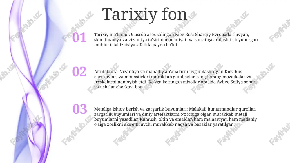atrofdagilar uchun sevimli diqqatga sazovor joy bo'ldi. globus. arxitektura durdonalari: ajoyib me'moriy mo''jiza bo'lgan ayasofya sobori hayratlanarli gumbazi va diniy manzaralar va tarixiy voqealarni tasvirlaydigan murakkab mozaikaga ega. tarixiy ahamiyati: 11-asrda knyaz yaroslav donishmand davrida qurilgan ayasofiya sobori kiyev rusining madaniy va diniy ahamiyatidan dalolat beradi. u metropolning asosiy sobori bo'lib xizmat qilgan va kiev davlatining siyosiy va ma'naviy qudratining ramzi bo'lgan. avliyo sofiya sobori avliyo sofiya sobori - bu vizantiya va ukraina barokko uslublarini birlashtirgan me'moriy asardir. uning ichki qismi ajoyib mozaikalar, freskalar va devoriy rasmlar bilan bezatilgan bo'lib, uni yuneskoning jahon merosi ro'yxatiga kiritadi. soborning oltin gumbazlari va murakkab jabhasi kiev va ukraina merosining ramziy timsoliga aylandi. arxitektura ta'siri monumental arxitektura: kiev rusining eng ko'zga ko'ringan me'moriy yutuqlari uning cherkovlari va monastirlari edi. eng mashhur misollar - kievdagi avliyo sofiya sobori va vladimirdagi assotsiatsiya cherkovi. bu cherkovlar katta hajmlari, murakkab bezaklari, tosh va g‘ishtlardan foydalanishlari bilan ajralib turadi. …