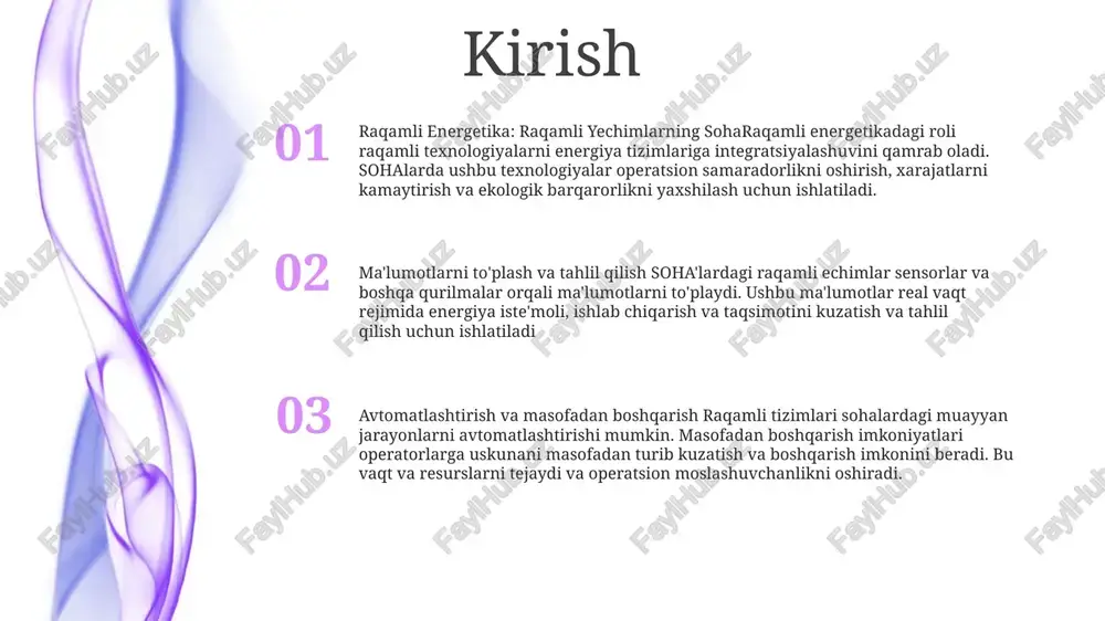 irish hamjamiyatlarni qayta tiklanadigan energiya bilan kengaytirish: qishloq joylarida qayta tiklanadigan manbalardan foydalanish (35 so'z) quyosh energiyasini qabul qilish: barqaror energiya uchun quyosh nuridan foydalanish (29 so'z) energiya samaradorligi uchun raqamli echimlar: binolar va sanoatni aqlli qilish (39 so'z) energiyani saqlash: moslashuvchanlikni ochish energiyani saqlash: moslashuvchanlik kaliti energiya saqlash tizimlari talab kam bo'lganda ortiqcha energiyani saqlashi va talab yuqori bo'lganda uni chiqarishi mumkin, bu tarmoqqa moslashuvchanlikni ta'minlaydi va qayta tiklanadigan manbalardan uzilishlarni yumshatadi. energiya sektori uchun raqamli echimlar aqlli hisoblagichlar, sensorlar va ma'lumotlar tahlili kabi digital texnologiyalari ishlashni kuzatish, talabni bashorat qilish va boshqa energiya aktivlari bilan integratsiyalashuv orqali energiya saqlash tizimlarini optimallashtirishda hal qiluvchi rol o'ynaydi. raqamli energiya yechimlarini ochish raqamli energiya yechimlarini qabul qilish energiyani saqlash samaradorligini oshirish, tarmoq ishonchliligini oshirish, xarajatlarni kamaytirish va barqaror energiya kelajagiga o‘tishni osonlashtirishi mumkin. ma'lumotlar tahlili: innovatsiyalarni rag'batlantirish energetika sektorida raqamli yechimlarni qabul qilish energetika sektori samaradorlik, barqarorlik va innovatsiyalarni yaxshilash uchun …