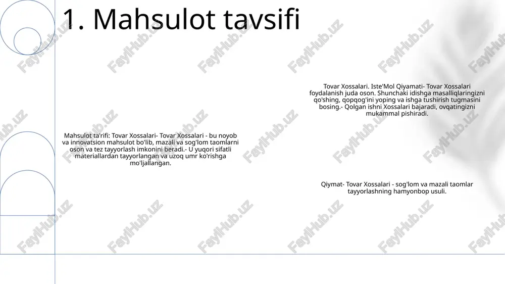 asi o‘z mahsulotlarini keng iste’molchilar doirasi uchun ochiq qilib, sifatga putur etkazmagan holda hamyonbop narxlarga ustuvor ahamiyat beradi 4. qiymat taklifi asosiy xususiyatlar: sayohat xarajatlaringizni muammosiz boshqaring, kilometrni kuzatib boring va xarajatlarni qoplash uchun batafsil hisobotlarni yarating. afzalliklari: ma'lumotlarni qo'lda kiritishni bekor qilish orqali vaqtni tejang, hisob-kitoblarni avtomatlashtirish orqali aniqlikni oshiring va tezroq ishlov berish uchun xarajatlar hisobotini soddalashtiring. narxlar tuzilishi: har xil biznes ehtiyojlarini, jumladan oylik obunalar va qo'lingizdan kelganicha to'lash rejalarini qondirish uchun moslashuvchan narxlash variantlari. 5. asosiy xususiyatlar va afzalliklar differentsiatorlar: bular tovar xossalarini bozordagi boshqa mahsulot yoki xizmatlardan ajratib turadigan o‘ziga xos xususiyatlar yoki xususiyatlardir. tovar xossalari: bu kompaniya tomonidan taklif etilayotgan muayyan tovar yoki xizmatlarga ishora qiladi. u korxona mijozlarga taqdim etadigan moddiy va nomoddiy mahsulotlarni o'z ichiga oladi. iste'mol qiyomati va qiymat: bu tovar xossalari qiymati va narxiga taalluqlidir. bu mijozlar tomonidan mahsulot yoki xizmatlarning idrok etilgan qiymatini aniqlash va ushbu qabul qilingan qiymatga …