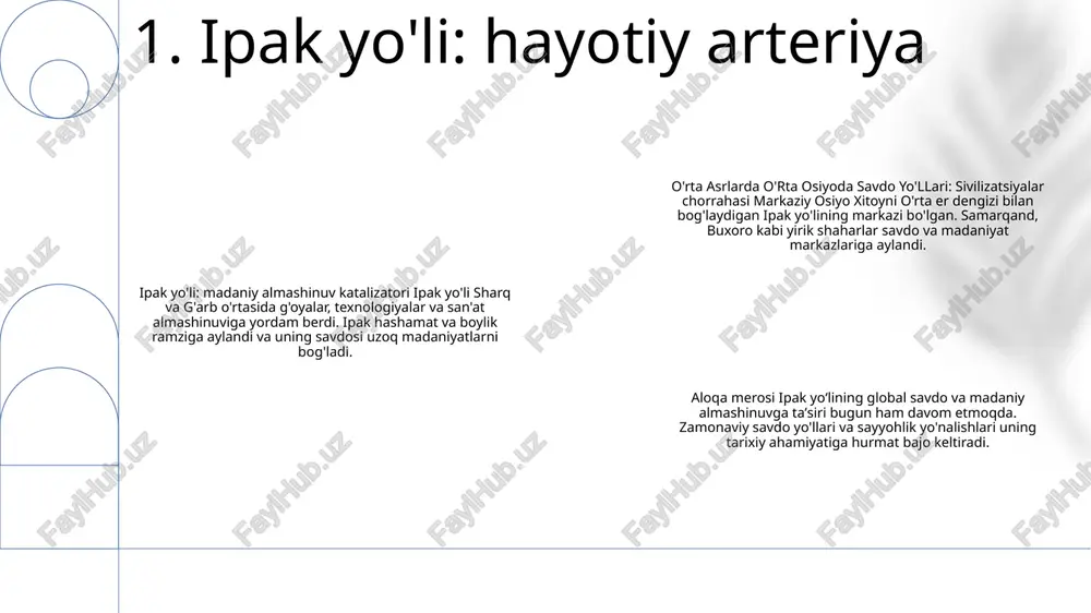 o'ynagan. ular ko'pincha tovarlar olish uchun uzoq masofalarni bosib o'tishgan va keyin ularni markaziy osiyo bo'ylab bozorlarda foyda uchun sotishgan 3. ziravorlar va ipak savdosi buddizmning tarqalishi: buddizm hindiston, afgʻoniston va xitoydan kelgan missionerlar va savdo yoʻllari orqali oʻrta osiyoga tarqaldi. u mintaqada kushonlar va soʻgʻdlar davrida mashhur boʻlib, islom kelishi bilan tanazzulga yuz tutdi. islom dinining yuksalishi: islom dini oʻrta osiyoga 7—8-asrlarda arablar istilolari orqali kirib kelgan. u butun mintaqada tez tarqaldi va 10-asrga kelib u hukmron dinga aylandi. islom o'zi bilan yangi siyosiy, ijtimoiy va madaniy ta'sirlarni olib keldi. savdo yoʻllari: markaziy osiyo sharqiy osiyoni yevropa bilan bogʻlovchi savdo yoʻllari tarmogʻi boʻlgan ipak yoʻlidagi asosiy markaz edi. ipak yo'li turli madaniyatlar o'rtasida tovarlar, g'oyalar va texnologiyalar almashinuviga yordam berdi. bu mintaqaning iqtisodiy va madaniy rivojlanishiga hissa qo'shdi. 4. buddizm va islomning tarqalishi ekinlarning globallashuvi: ipak yo'li paxta, shakar va tsitrus mevalari kabi ekinlar almashinuvini osonlashtirdi, bu esa butun …