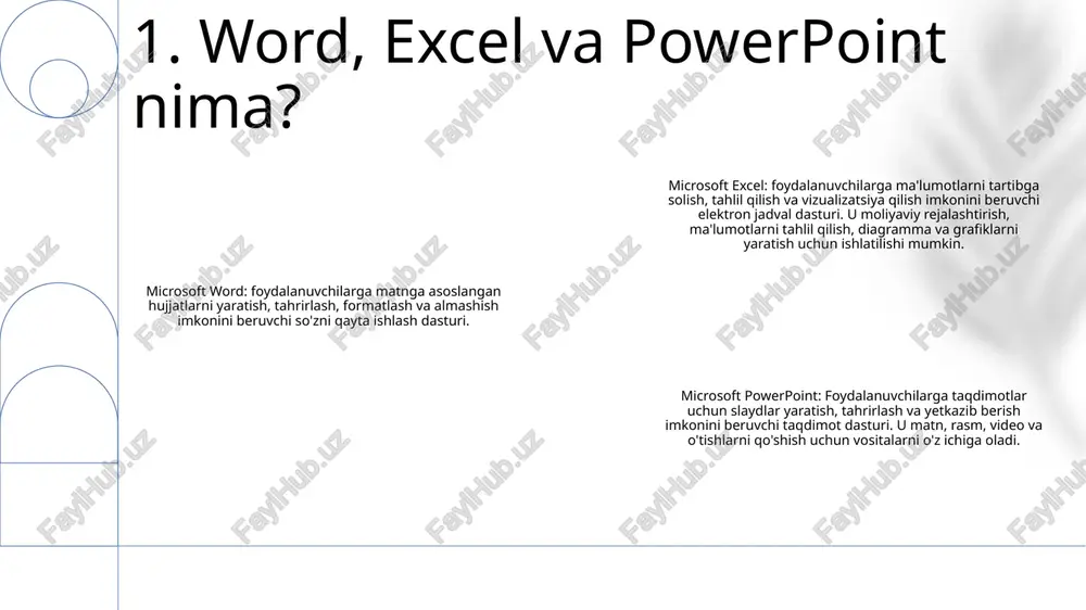 larni taklif qiladi. microsoft powerpoint: imkoniyatlar va asoslar- slaydlar yaratish va yetkazib berish uchun taqdimot dasturi.- mavzular, o'tishlar va animatsiyalarni o'z ichiga oladi. 3. excel: imkoniyatlar va asoslar powerpoint: imkoniyatlar va asoslar - matn, tasvirlar, videolar va animatsiyalar yordamida vizual tarzda ajoyib taqdimotlar yarating.- o'zgartirishlar kiritish va fikr-mulohazalarni taqdim etish uchun real vaqtda boshqalar bilan hamkorlik qiling. microsoft word- professional hujjatlar, harflar va hisobotlarni yarating va tahrirlang.- imlo tekshiruvi, grammatika takliflari va andozalar kabi ilg'or funksiyalardan foydalaning. microsoft excel- elektron jadvallar yordamida ma'lumotlarni boshqarish, tahlil qilish va vizualizatsiya qilish.- murakkab hisob-kitoblarni bajarish, diagrammalar va grafiklarni yaratish uchun formulalar va funktsiyalardan foydalaning. 4. powerpoint: imkoniyatlar va asoslar 1: wordmicrosoft-da hujjatlar yaratish word - bu hujjatlarni yaratish, tahrirlash va formatlash imkonini beruvchi ko'p qirrali matn protsessoridir. u matnni formatlash, rasm qo'shish va jadval yaratish kabi keng imkoniyatlarni taqdim etadi. 2: microsoft office to'plamida hujjatlarni tahrirlashmicrosoft office to'plami hujjat yaratish, elektron jadvallarni boshqarish …