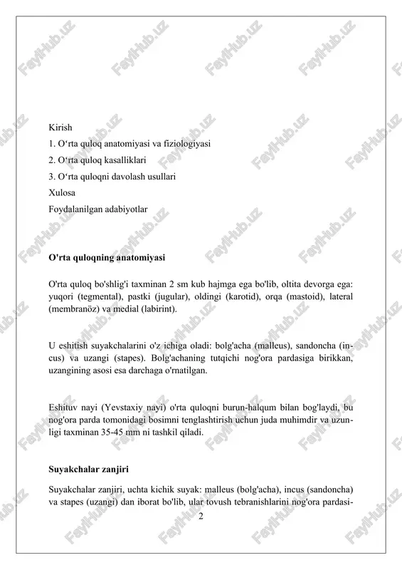 u taxminan 35 mm uzunlikdagi, o'rta quloq bo'shlig'ini burun-halqum bilan bog'laydigan kanal bo'lib, bosimni tenglashtirishda 1 vazifani bajaradi. nayning suyakli qismi taxminan 12 mm, tog'ay qismi esa 23 mm bo'lib, burun-halqum tomonga ochiladi va havo o'tishini ta'minlab, 2 vazifani bajaradi. evstaxiy nayi, ayniqsa bolalarda, gorizontal holatda joylashgani tufayli infeksiyalarga 3 moyil bo'ladi, bu esa otit kabi kasalliklarni keltirib chiqarishi mumkin. o'rta quloq bo'shlig'i o'rta quloq bo'shlig'i taxminan 2 sm³ hajmga ega va 6 ta devorga ega, ularning har biri muhim anatomik tuzilmalarga tutashgan. ushbu bo'shliqda uchta kichik suyak joylashgan: malleus, inkus va stapes. ular tovush tebranishlarini 22 barobar kuchaytiradi va ichki quloqqa uzatadi. yevstaxiy nayi o'rta quloq bo'shlig'ini burun-halqum bilan bog'laydi va bosimni tenglashtirishga yordam beradi, bu esa optimal eshitish uchun juda muhim. o'rta quloqning fiziologiyasi o'rta quloq fiziologiyasida asosiy vazifa - tovush to'lqinlarini impedans moslashuv yordamida ichki quloqqa effektiv o'tkazish, bunda havo va suyuqlik o'rtasidagi farq hal qilinadi. timpanik …