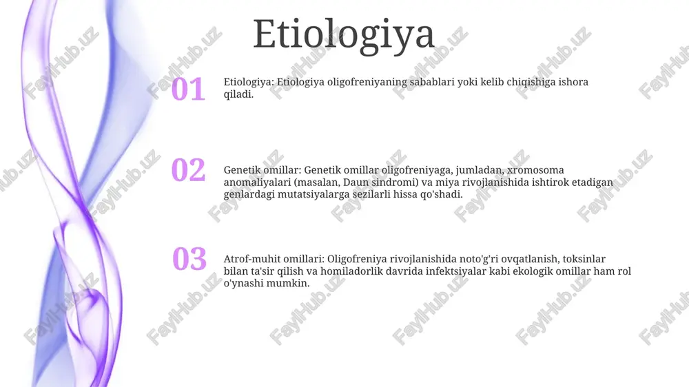 zmda zararli moddalarning to'planishiga olib keladigan genetik kasalliklar. oligofreniya etiologiyasi: metabolik kasalliklarni o'z ichiga olishi mumkin bo'lgan aqliy zaiflikning asosiy sabablarini o'rganish. metabolik skrining: metabolik kasalliklarni aniqlash va yuzaga kelishi mumkin bo'lgan asoratlarni oldini olish uchun tug'ilish paytida o'tkaziladigan testlar. atrof-muhit omillari onalik sharoitlari: homiladorlik davrida oziqlanish etishmovchiligi, surunkali infektsiyalar va gormonal nomutanosiblik ham homila o'sishi va rivojlanishiga ta'sir qilib, oligofreniyaga yordam beradi. rivojlanish anomaliyalari: homiladorlik davrida onaning spirtli ichimliklarni iste'mol qilish, giyohvand moddalarni suiiste'mol qilish va toksinlarga ta'sir qilish xomilalik miya rivojlanishini buzishi mumkin, bu esa oligofreniya xavfini oshiradi. genetik kasalliklar: daun sindromi va uilyams sindromi kabi ba'zi genetik kasalliklar, miya funktsiyasiga ta'sir qiluvchi o'ziga xos genomik o'zgarishlar tufayli oligofreniya xavfi ortishi bilan bog'liq. infektsion va yallig'lanish boshqarish va oldini olish: infektsiyalar va yallig'lanishni to'g'ri boshqarish oligofreniya xavfini oldini olishga yoki minimallashtirishga yordam beradi. bunga infektsiyalarni o'z vaqtida tashxislash va davolash, shuningdek, toksinlar ta'siridan qochish va sog'lom turmush tarzini …