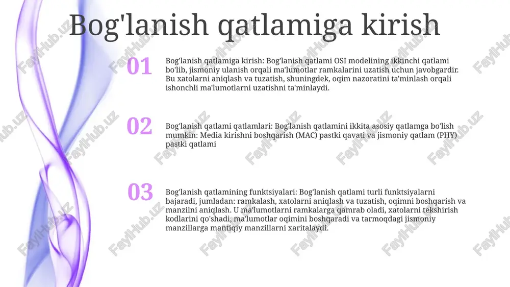 niy joylashuvi.- turlari: shina, yulduz, ring, toʻr, daraxt.- har bir topologiyaning oʻziga xos afzalliklari va kamchiliklari bor. link qatlami (link layer)- bir xil lan tarmog'idagi qurilmalar o'rtasida ishonchli ma'lumotlarni uzatish uchun mas'ul.- jismoniy manzillash va xatolarni tuzatish bilan shug'ullanadi.- ikki pastki qatlam: mchj (mantiqiy havolani boshqarish) va mac (media kirishni boshqarish). ma'lumotlarni ulash protokollari ma'lumotlar havolasi qatlami: ma'lumotlar havolasi qatlami jismoniy tarmoq bo'ylab ma'lumotlarni uzatish uchun javobgardir. u ma'lumotlarni kichikroq paketlarga ajratadi va to'g'ri etkazib berishni ta'minlash uchun sarlavha ma'lumotlarini qo'shadi. bog'lanish sifati ma'lumotlari (lqd): bog'lanish sifati ma'lumotlari ikkita qurilma o'rtasidagi aloqa sifati haqida ma'lumot beradi. u signal kuchi, shovqin darajasi va xatolik darajasi kabi ko'rsatkichlarni o'lchaydi. ushbu ma'lumot tarmoqqa ishlashni optimallashtirish uchun uzatish parametrlarini sozlashda yordam beradi. ma'lumotlarni ulash protokoli: ma'lumot uzatish protokoli tarmoqdagi qurilmalar o'rtasida ma'lumot almashish qoidalari va protseduralarini belgilaydi. u ma'lumotlar paketlarining formatini, xatolarni tekshirish mexanizmlarini va oqimni boshqarish usullarini belgilaydi. umumiy ma'lumot uzatish protokollariga ethernet, …