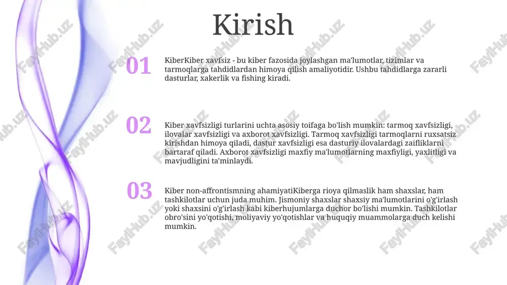olish, ma’lumotlar yo‘qolishi va obro‘ga putur yetkazishi mumkin. kuchli xavfsizlik choralarini qo'llash tashkilotlarga kiber tahdidlar paytida va undan keyin operatsiyalarni davom ettirishga va o'z obro'sini himoya qilishga yordam beradi. 1. kibertahdidlardan himoya: kiberxavfsizlik kompyuter tizimlari, tarmoqlari va maʼlumotlarini ruxsatsiz kirish, zarar yoki zararli dasturlar yoki zararli dasturlardan himoya qiladi. 2. ma'lumotlarning maxfiyligi va yaxlitligi: kiberxavfsizlik choralari kirishni boshqarish, shifrlash va ma'lumotlarni zaxiralash tizimlarini amalga oshirish orqali shaxsiy va maxfiy ma'lumotlarning maxfiyligi, yaxlitligi va mavjudligini ta'minlaydi. kiberxavfsizlikka tahdidlar zararli dasturiy ta'minot hujumlari: viruslar, to'lov dasturlari va josuslik dasturlari kabi zararli dasturlar tizimlarga kirishi, ma'lumotlarni o'g'irlashi yoki operatsiyalarni buzishi mumkin. fishing va ijtimoiy muhandislik: kiberjinoyatchilar foydalanuvchilarni aldash uchun maxfiy ma'lumotlarni oshkor qilish yoki zararli havolalarni bosish uchun aldash usullaridan foydalanadilar. insayder tahdidlar: beparvo yoki yomon niyatli xodimlar yoki pudratchilar qasddan yoki qasddan tashkilotning kiberxavfsizligiga jiddiy xavf tug'dirishi mumkin. kiberhujumlarning turlari fishing hujumlari: firibgarlar shaxsiy ma'lumotlarni oshkor qilish yoki zararli veb-saytlarga kirishda qurbonlarni …