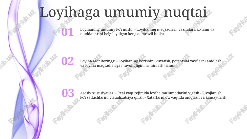 ning tizimli jarayoni. monitoring loyiha maqsadlariga muvofiqligini ta'minlash va xavf yoki og'ishlarni boshqarish uchun ma'lumotlarni to'plash va tahlil qilishni o'z ichiga oladi. asosiy o'lchov bazaviy o'lchov: kelajakdagi taraqqiyot bilan solishtirish va ta'sirni baholash uchun loyihaning dastlabki holatini belgilaydi. loyiha monitoringi: doimiy kuzatish, ma'lumotlarni to'plash va loyiha maqsadlariga erishishdagi taraqqiyotni tahlil qilish, rejalarga muvofiqligini ta'minlash. loyihani baholash: loyihaning samaradorligi, ta'siri va barqarorligini aniqlaydi, takomillashtirish va kelajakda qarorlar qabul qilish uchun tushuncha beradi. ma'lumotlarni yig'ish usullari lohiya monitoringgi: loyihaning muvaffaqiyatini ta'minlash uchun loyiha taraqqiyotini kuzatish, og'ishlarni aniqlash va tuzatish choralarini ko'rish uchun tizimli jarayon. u ko'rsatkichlarni aniqlash, ma'lumotlarni to'plash, natijalarni tahlil qilish va fikr-mulohazalarni bildirishni o'z ichiga oladi. ma'lumot to'plash usullari: so'rovlar, intervyular, kuzatishlar, fokus-guruhlar va hujjatlarni ko'rib chiqish loyiha maqsadlari va natijalari haqida ma'lumot to'plash uchun ishlatiladi. loyihani monitoring qilish vositalari: boshqaruv panellari, gantt diagrammalari, holat hisobotlari va loyihani boshqarish dasturlari loyiha ma'lumotlarini vizualizatsiya qilish, ish faoliyatini kuzatish va manfaatdor tomonlar …