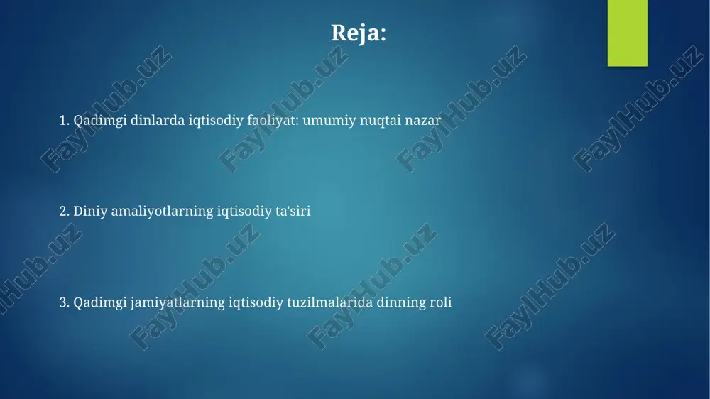 va savdogarlar uchun daromad manbai bo'ladi. ruhoniylarning iqtisodiy qudrati va ta'siri ruhoniylar yer egaligi orqali katta iqtisodiy qudratga ega bo'lgan, bu esa ularga dehqonlardan soliq yig'ish va katta resurslarni nazorat qilish imkonini bergan. qurbonliklar va ehsonlar ruhoniylarning asosiy daromad manbai bo'lgan, diniy marosimlar va bayramlar orqali katta miqdorda boylik to'plangan. diniy qonunlar va ularning iqtisodiy oqibatlari zakot, islom huquqidagi majburiy xayriya, boylikning 2,5 foizini kambag'allarga berishni talab qilib, iqtisodiy tengsizlikni kamaytiradi va pul aylanishini rag'batlantiradi. o'rta asrlarda xristian cherkovi o'nlik soliqlarni (hosilning 10%) yig'di, bu esa dehqonlar uchun iqtisodiy yuk bo'lib, ishlab chiqarishni kamaytirishi mumkin edi. qadimgi dinlarda savdo va tijorat qadimgi mesopotamiya dinlari ibodatxonalari moliyaviy markazlar sifatida xizmat qilib, 10 foizdan ortiq hosilni yig'ib, uni keyinchalik savdo operatsiyalari uchun ishlatgan. qadimgi misr dinida, ma'budlarga bag'ishlangan yerlar (taxminan 30%) keng miqyosdagi qishloq xo'jaligi mahsulotlari va hunarmandchilik buyumlarini ishlab chiqarish va savdolashga imkon bergan. diniy ziyoratlar va ularning iqtisodiy ahamiyati ziyoratlar …