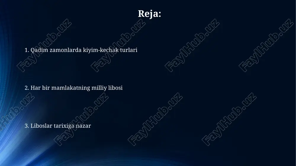 'lishi mumkin. xitoy: imperatorlik liboslari va ipak imperatorlik liboslarida ranglarning ahamiyati katta edi; sariq rang faqat imperator va uning oila a'zolari uchun ajratilgan, chunki u 5 element nazariyasida markazni ifodalagan. ipak xitoyda miloddan avvalgi 27-asrda ishlab chiqarila boshlangan va imperatorlik liboslari uchun asosiy material bo'lgan, uning sifati va nafisligi hukmdor maqomini aks ettirgan. yaponiya: kimono tarixi kimono dastlab 7-8-asrlarda nara davrida xitoyning hanfu kiyimiga asoslangan boʻlib, zodagonlar va imperator saroyidagilar orasida keng tarqalgan edi. heian davrida (794-1185) kimono shakli takomillashdi, 12 qatlamdan iborat junihitoe kimonosi aristokrat ayollarning rasmiy libosi sifatida namoyon bo'ldi. hindiston: sari va uning ahamiyati sari qadimgi hindistonda miloddan avvalgi 3000-yillarda paydo bo'lgan bo'lib, uning uzunligi 4,5 metrdan 9 metrgacha, eni esa 60 santimetrdan 1,2 metrgacha bo'lishi mumkin. sari ranglari hindistonda muhim ramziy ma'noga ega; masalan, oq motam, qizil esa turmush qurish marosimlarida omad keltiruvchi rang hisoblanadi. fors: hashamatli matolar va bezaklar fors matolari ipak, jun va zig'irdan …