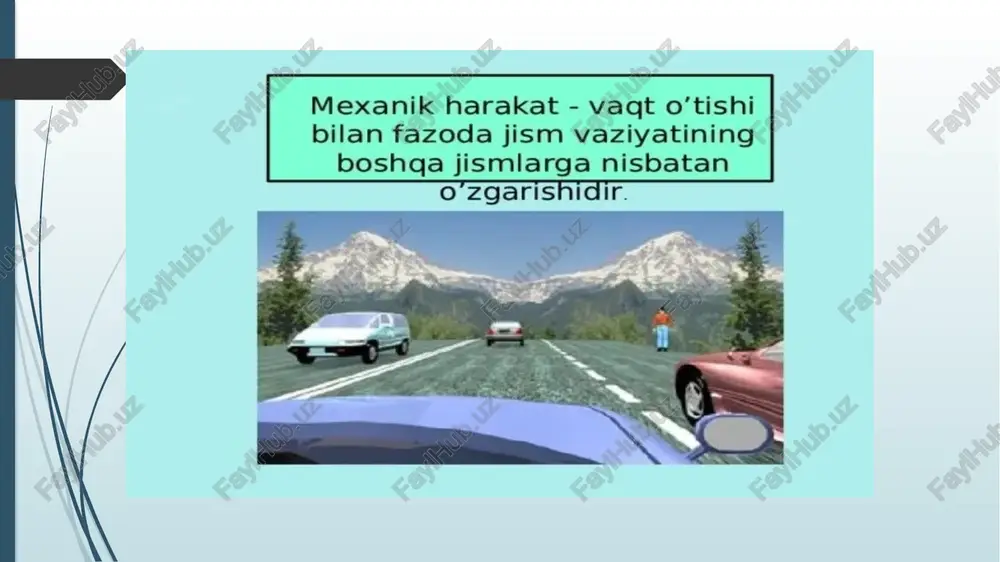 ti yoki tinch holati yerga nisbatan olinadi. bu holda yer – sanoq jism hisoblanadi. atrofi mizdagi barcha jismlarning tinchlik holati yoki mexanik harakati ana shunday sanoq jismlarga nisbatan qaraladi. agar yerning quyosh atrofi dagi harakati qaralayotgan bo‘lsa, quyosh sanoq jism bo‘ladi. sanoq jism, unga bog‘liq koordinatalar sistemasi va shu harakatning vaqt sanog‘i birgalikda sanoq sistemasini tashkil etadi jismning mexanik harakati haqida to‘liq ma’lumot berish kerak bo‘lsin. masalan, avtomobil shaharning a punktidan b punktiga borishini tahlil qilaylik. uning tekislikdagi harakatini ifodalash uchun quyidagi usuldan foydalanishimiz mumkin. shahar xaritasini olib, unda harakat boshlangan a punkt, ya’ni sanoq jismni topamiz . agar parvozdagi raketaning koordinatalarini ifodalamoqchi bo‘lsak, uning balandlik bo‘yicha harakati haqidagi ma’lumotlarni ham ko‘rsatishimiz kerak bo‘ladi. raketaning harakatini to‘liq ifodalash uchun uchta parametr ko‘rsatiladi: 1) sanoq jism (bu misolda yer shari olina­­di); 2) koordinatalar sistemasi (koordinata markazi yer sharida raketa uchgan joydagi nuqtaga joylashtiriladi); 3) vaqt sanog‘i (raketa uchish trayektoriyasining ma’lum bir …