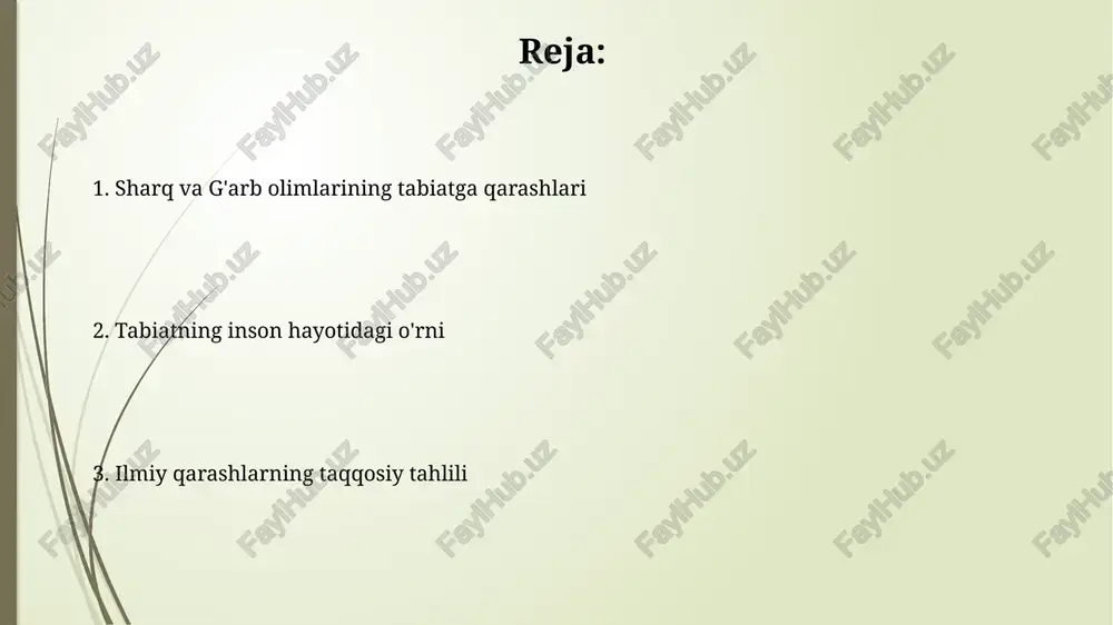 ekologik muammolar: sharq va g'arbiy javoblar sharqiy javoblar resurslarni konservatsiya qilishga, an'anaviy amaliyotlarga, masalan, agroekologiyaga e'tibor qaratadi, chiqindilarni minimallashtirishga harakat qiladi. g'arb javoblari texnologik innovatsiyalarga, masalan, qayta tiklanadigan energiya manbalariga va samaradorroq energiya iste'moliga ko'proq e'tibor qaratadi. tabiatni saqlash bo'yicha sharq amaliyotlari sharq amaliyotlarida 'feng shui' 3000 yildan ziyod tarixga ega bo'lib, makonni uyg'unlashtirib, tabiat bilan muvozanatni ta'minlashga qaratilgan. ayurveda tibbiyoti, 5000 yillik tarixga ega, inson salomatligini tabiat elementlari bilan uyg'unlashtirish orqali mustahkamlashga urg'u beradi. g'arbda tabiatni muhofaza qilish strategiyalari yevropa ittifoqining “tabiat 2000” tarmog‘i muhim hududlarni aniqlab, ularni muhofaza qilish uchun huquqiy asos yaratadi va 1979-yildagi qushlar direktivasini amalga oshirishga yordam beradi. aqshning endangered species act (esa) yo'qolib ketish xavfi ostida turgan turlarni himoya qiladi, ularning yashash joylarini saqlash va tiklash bo'yicha harakatlarni tartibga soladi. sharq va g'arbiy tibbiyotda tabiat sharq tibbiyoti tabiatni 5 element (suv, olov, yog'och, metall, tuproq) muvozanati deb biladi, bu muvozanat buzilishi kasalliklarni keltirib chiqaradi. …