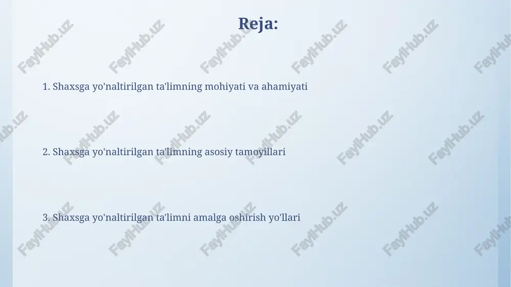 hamiyatga ega. o'quvchilarning qiziqishlari va ehtiyojlarini aniqlash o'quvchilarning qiziqishlari, ehtiyojlarini aniqlash uchun kuzatuvlar, so'rovnomalar (masalan, likert shkalasi) va suhbatlar kabi 3 ta asosiy baholash usulidan foydalanish muhimdir. turli o'quv materiallariga (kitoblar, videolar, interaktiv dasturlar) bo'lgan munosabatni o'rganish orqali o'quvchilarning qiziqishlari va ehtiyojlari haqida 10 tadan ortiq ma'lumot to'plash mumkin. ijodiy va mustaqil fikrlashni rivojlantirish ijodiy fikrlashni rivojlantirish uchun "6 qopqoqli fikrlash" usulidan foydalanish, muammoni har xil nuqtai nazardan ko'rib chiqishga yordam beradi. mustaqil fikrlashni kuchaytirish uchun "savollar berish texnikasi" orqali o'quvchilarning "nima bo'lardi agar?" kabi savollarga javob izlash ko'nikmalarini rivojlantirish lozim. shaxsga yo'naltirilgan ta'limda o'qituvchining roli o'qituvchi shaxsga yo'naltirilgan ta'limda, individual xususiyatlarni hisobga olgan holda, har bir o'quvchiga moslashuvchan ta'lim strategiyalarini ishlab chiqadi, masalan, 7 turli o'quv uslubini inobatga olgan holda. o'qituvchi o'quvchilarni 3 asosiy sohada: kognitiv, emotsional va xulq-atvor rivojlanishiga ko'maklashadi, bu ularning shaxsiy kamolotiga yo'naltirilganligi sababli muhim ahamiyatga ega. ta'limda shaxsga yo'naltirilgan texnologiyalarni qo'llash shaxsga yo'naltirilgan texnologiyalar talabaning …