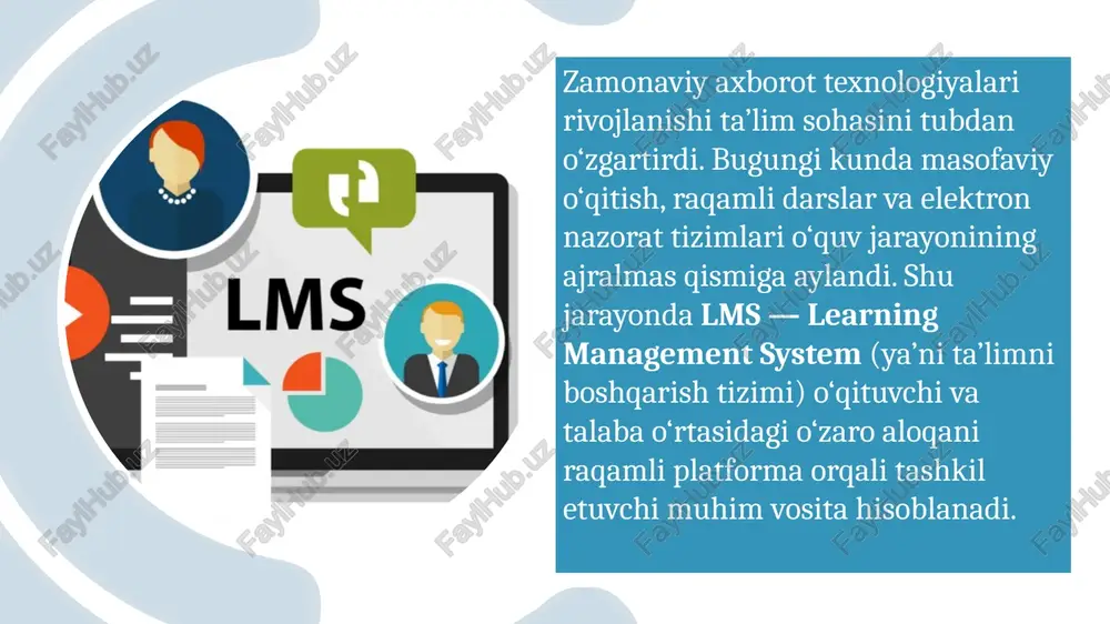 o‘ra tasniflanadi: bulutli (cloud-based) — tizim onlayn serverda ishlaydi (moodlecloud, google classroom). lokal (self-hosted) — o‘quv muassasasining ichki serverida o‘rnatiladi (moodle, ilias). korporativ lms — kompaniyalar ichida xodimlarni o‘qitish uchun ishlatiladi (sap successfactors, talentlms). bugungi kunda dunyo miqyosida eng keng qo‘llanilayotgan lms tizimlariga quyidagilar kiradi: moodle – eng mashhur bepul ochiq kodli tizim; google classroom – maktab va universitetlar uchun qulay onlayn platforma; canvas lms – kengaytirilgan analitika va mobil moslashuv; blackboard learn – yirik universitetlar uchun mo‘ljallangan professional tizim; ispring learn, talentlms, edmodo – korporativ va o‘quv markazlari uchun. 8 9 lms tizimlari quyidagi funksiyalarni bajaradi: onlayn darslarni tashkil etish; topshiriqlarni avtomatik baholash; forum va chat orqali muloqot; o‘quv resurslarini saqlash va ulashish; reyting va hisobotlarni shakllantirish; mobil ilova orqali kirish imkoniyati. o‘qituvchilar lms orqali: dars materiallarini yuklaydi; talabalarning faoliyatini kuzatadi; baholashni avtomatik tizimga yuklaydi; o‘quv jarayonini tahlil qiladi; statistik hisobotlarni oladi. 10 talabalar lms orqali: o‘quv materiallarini 24/7 …