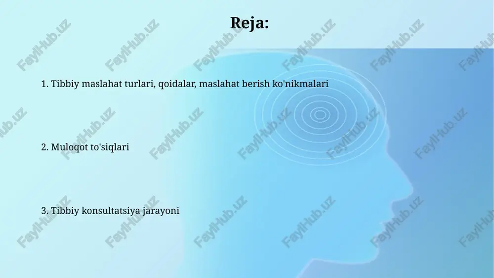 lishini ta'minlaydi. samarali muloqotda faol tinglash muhim, bunda tinglovchi fikrni qayta ishlaydi, mulohaza bildiradi va suhbatdoshning nuqtai nazarini tushunishga harakat qiladi. empatiya va ishonch empatiya, bemorning hissiyotlarini tushunish va baholash qobiliyati, davolash samaradorligini 20-30% ga oshirishi mumkin, chunki u bemorning ahvolini yaxshiroq tushunishga yordam beradi. ishonch, bemor va tibbiy xodim o'rtasidagi o'zaro hurmat va ishonchga asoslangan munosabat bo'lib, davolanishga rioya qilishni 40% ga ko'paytirishi mumkin. faol tinglash «faol tinglash» bemorning 80% gacha ma'lumotini olishga yordam beradi, bu esa 20% gacha noto'g'ri tashxis qo'yish xavfini kamaytiradi. aktiv tinglash davomida noverbal signallarga (ko'z kontaktı, 60-70% vaqt) e'tibor berish, so'zlardan tashqari, bemor his-tuyg'ularini tushunishga yordam beradi. savol berish usullari ochiq savollar 5w1h (nima, qayerda, qachon, nega, kim, qanday) orqali bemorning hikoyasini kengaytirish va to'liqroq ma'lumot olish imkonini beradi. yopiq savollar 'ha' yoki 'yo'q' javoblarni olish uchun ishlatiladi, bu esa tezkor ma'lumot olishda, masalan, allergiyani tekshirishda qo'l keladi. noverbal muloqot noverbal muloqotda 55% dan …