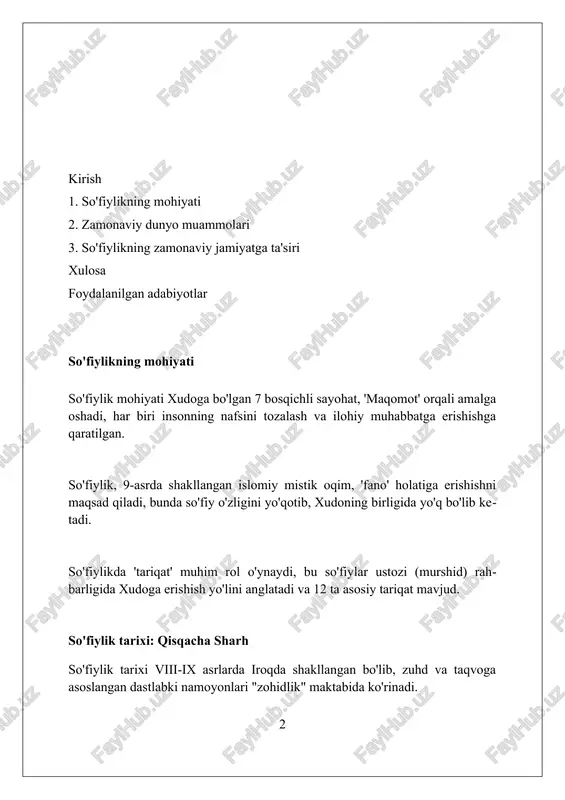'stlik, va 40 nafar faqirga yordam berish kabi fazilatlar so'fiylik axloqining asosiy qadriyatlari bo'lib, ijtimoiy birdamlikni mustahkamlaydi. nafratni kechirish, 7 marta xato qilgan odamni afv etish va sabr-toqat kabi xislatlar so'fiylikda insoniy kamolotning 99 ta asosiy bosqichi hisoblanadi. so'fiylik va ma'naviy inqiroz so'fiylik xxi asrda ma'naviy inqirozga qarshi turishda, o'zlikni anglash va axloqiy kompasni topishga yordam beruvchi barqaror tamoyillarni taklif etadi. ba'zi tanqidchilar so'fiylikni zamonaviy jamiyat uchun moslashuvchan emas deb hisoblasalar-da, uning insoniylik, sevgi va bag'rikenglikka urg'u berishi bugungi kunda dolzarbligicha qolmoqda. globalizatsiya va texnologik taraqqiyot davrida so'fiylikning ichki olamga yo'nalishi, 1980-yillardan boshlab shaxsiy rivojlanish va ma'naviy izlanishga qiziqishni oshiradi. so'fiylik va tolerantlik so'fiylik ta'limotida tolerantlik, insonlarning 72 turli millat vakili bo'lishiga qaramay, ularning qalbida xudoni ko'rishni anglatadi, bu esa umuminsoniy mehrni targ'ib qiladi. so'fiylikda murosasozlik 13-asrda jaloliddin rumiyning ta'limotlarida yaqqol namoyon bo'ladi, u barcha insoniyatni sevgi va birlik orqali birlashtirishga intilgan. so'fiylik tolerantligi 99 ta xudoning ismlarini idrok etish …