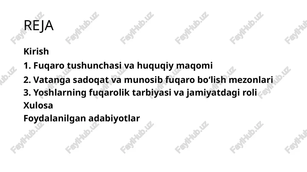 foydalanish emas, balki o‘z burchini sidqidildan ado etish, jamiyatda faol ishtirok etish, qonunlarga bo‘ysunish va halol hayot kechirishni anglatadi. munosib fuqaro o‘z yurti taraqqiyotiga hissa qo‘shadi, atrofdagilarga ibrat bo‘ladi, o‘zini doimo ma’naviy va intellektual jihatdan rivojlantirishga intiladi. u nafaqat o‘z huquqlarini biladi, balki boshqalarning huquqlarini ham hurmat qiladi. vatanga sadoqatli bo‘lish — bu bayroqni sevish, tilni asrash, tarixni bilish va kelajak uchun mas’uliyatni his qilishdir. shu jihatlar munosib fuqaro bo‘lish mezonlarini belgilaydi. 3. yoshlarning fuqarolik tarbiyasi va jamiyatdagi roli yosh avlodning fuqarolik tarbiyasi — bu kelajak jamiyatining poydevorini mustahkamlashdir. har bir yosh fuqaro o‘z huquq va majburiyatlarini bilishi, qonunlarga hurmat bilan yondashishi, jamiyatda faol ishtirok etishi zarur. maktab, kollej va oliy ta’lim muassasalarida fuqarolik tarbiyasi orqali yoshlarda vatanparvarlik, qonuniylik, adolat va ijtimoiy mas’uliyat tuyg‘usi shakllantiriladi. yoshlar volontyorlik, ekologik harakatlar, madaniy merosni asrash, mahalla hayotida ishtirok etish kabi faoliyatlar orqali jamiyatga foyda keltiradi. ular nafaqat o‘z huquqlarini himoya qiladi, balki boshqalarning …