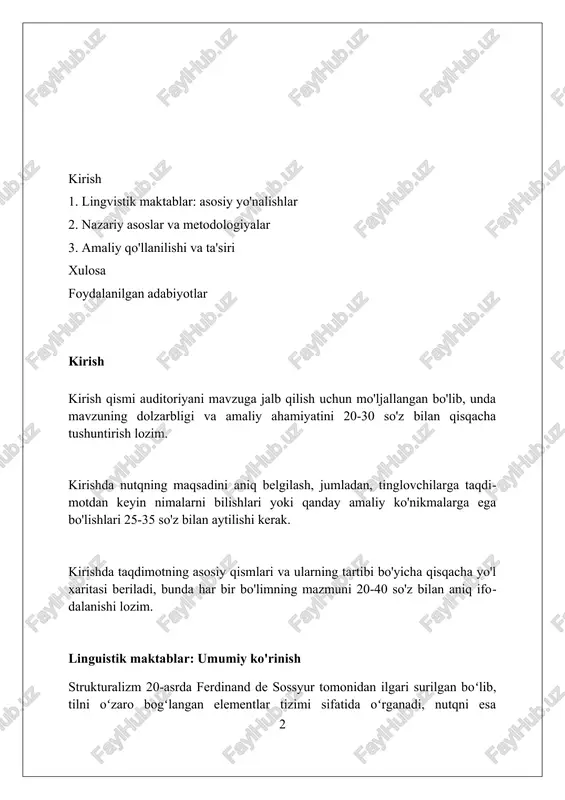 aradigma va 3)sintagma bo'lib, ular tilning ichki tuzilishini tushunishga va amaliyotda turli xil vazifalarni hal qilishga imkon beradi. pragmatizm va tilshunoslik pragmatizm tilshunoslikda so'zning 100% ma'nosini faqatgina kommunikativ vaziyatda aniqlashga urg'u beradi, nutqiy aktlar nazariyasi kabi yo'nalishlar bilan bog'liq. pragmatik tadqiqotlar 7 asosiy tamoyilga asoslanadi, jumladan, kontekstga bog'liqlik, niyatni aniqlash va nutqiy harakatlarning 5 ta asosiy toifasini tahlil qilish muhim. aqshda 20-asrda rivojlangan pragmatizm, tilning amaliy qo'llanilishini, 3 asosiy komponenti bo'lgan nutqning kontekstini va kommunikativ maqsadini o'rganadi. generativ tilshunoslik va uning qo'llanilishi generativ tilshunoslik, noam chomskiy tomonidan ishlab chiqilgan bo'lib, tilni cheksiz gaplarni yaratish qobiliyatiga ega bo'lgan tug'ma qoidalar tizimi sifatida ko'radi. ushbu yondashuv sintaksisga katta e'tibor beradi, gap tuzilishini tushuntirish uchun daraxt diagrammalari va transformatsion qoidalardan foydalanadi, bu 1950-yillarda boshlangan. generativ tilshunoslik tabiiy tilni qayta ishlash, kompyuter lingvistikasi va til ta'limi sohalarida qo'llaniladi, masalan, avtomatik tarjima tizimlarini yaratishda muhim ahamiyatga ega. funksional tilshunoslik va amaliyot funksional tilshunoslikda 1930-yillarda praga …