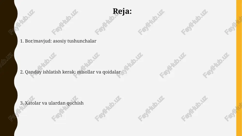 ob mavjud emas" degan ma'noni anglatadi. ko'plik shaklidagi savollar "bor" so'zidan keyin "...lar bormi?" qo'shimchasini ishlatadi, masalan, "o'quvchilar bormi?", bu "o'quvchilar mavjudmi?" deganidir. old artikllar bilan ishlatilishi agar ot sanalmaydigan bo'lsa, 'there is' ishlatiladi; masalan, 'there is water' deyishimiz mumkin, chunki suvni 1, 2, 3 deb sanab bo'lmaydi. 'there is/there are' strukturasi turdosh otlar oldidan kelganda, miqdorga ishora qiladi, masalan 'there is one apple' degan gapda bitta olma borligini ko'rsatadi. 'there are' strukturasi ko'plikdagi sanaladigan otlar bilan ishlatiladi, masalan 'there are five books' degan gapda 5 ta kitob borligini anglatamiz. amaliy mashqlar amaliy mashqlar 7 bosqichli jarayon asosida tuzilgan bo'lib, talabalarga nazariy bilimlarni amaliy tajriba bilan bog'lash, ularning 80% ish samaradorligini oshirishga qaratilgan. amaliy mashqlar nazariy bilimlarni mustahkamlash uchun 10 dan ortiq turli xil interaktiv topshiriqlarni o'z ichiga oladi, masalan, simulyatsiyalar va real vaziyatlarni tahlil qilish. ushbu mashqlar talabalarga 3 xil asosiy ko'nikmani rivojlantirishga yordam beradi: muammolarni hal qilish, qaror …