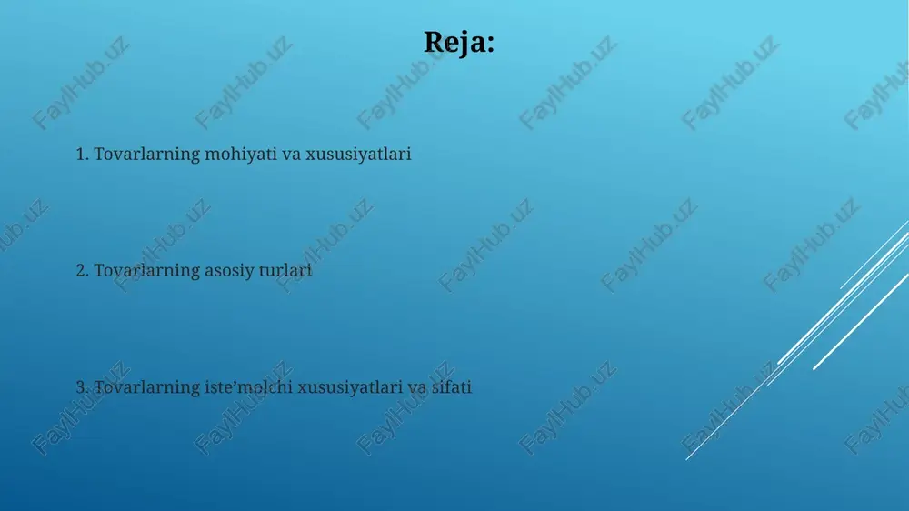 lab paydo bo'lganda 100% yetkazib berilishi kerak. bu 99% emas. tovarlarning sifati va standartlari tovar sifati - bu uning maqsadga muvofiqligi, xavfsizligi va 100% mos keladigan texnik reglamentlar, standartlar yoki shartnomalar bo'yicha belgilangan barcha xususiyatlar majmui. o'zbekistonda mahsulot sifati o'zdst standartlari orqali tartibga solinadi, masalan o'zdst 1393:2012 "oziq-ovqat mahsulotlari xavfsizligi". bu 90% talablarni qamrab oladi. tovarlarning hayotiy sikli tovarning hayotiy sikli 4 ta asosiy bosqichdan iborat: joriy etish (kichik savdo), o'sish (savdo tez o'sadi), yetuklik (savdo barqarorlashadi) va pasayish (savdo kamayadi). har bir bosqichda marketing strategiyasi farq qiladi. misol uchun, joriy etishda xabardorlikni oshirishga, yetuklikda esa bozorni himoya qilishga urg'u beriladi, foyda maksimallashtiriladi. tovarlarning narxi va qiymati tovarning narxi uning puldagi ifodasidir, bozor sharoitida shakllanadi va talab, taklif kabi omillarga bog'liq. narx qiymatdan farq qiladi, qiymat esa mehnat sarflari bilan belgilanadi. tovarning qiymati uning ishlab chiqarish uchun sarflangan ijtimoiy zaruriy mehnat miqdori bilan belgilanadi, masalan, 10 soat ish unga tenglashtiriladi …