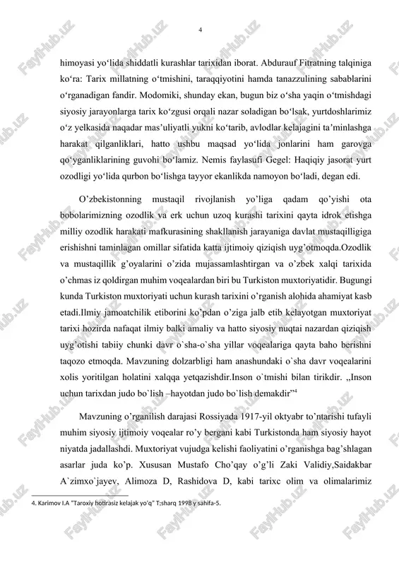 shlarimiz oʻz yelkasida naqadar masʼuliyatli yukni koʻtarib, avlodlar kelajagini taʼminlashga harakat qilganliklari, hatto ushbu maqsad yoʻlida jonlarini ham garovga qoʻyganliklarining guvohi boʻlamiz. nemis faylasufi gegel: haqiqiy jasorat yurt ozodligi yoʻlida qurbon boʻlishga tayyor ekanlikda namoyon boʻladi, degan edi. o’zbekistonning mustaqil rivojlanish yo’liga qadam qo’yishi ota bobolarimizning ozodlik va erk uchun uzoq kurashi tarixini qayta idrok etishga milliy ozodlik harakati mafkurasining shakllanish jarayaniga davlat mustaqilligiga erishishni taminlagan omillar sifatida katta ijtimoiy qiziqish uyg’otmoqda.ozodlik va mustaqillik g’oyalarini o’zida mujassamlashtirgan va o’zbek xalqi tarixida o’chmas iz qoldirgan muhim voqealardan biri bu turkiston muxtoriyatidir. bugungi kunda turkiston muxtoriyati uchun kurash tarixini o’rganish alohida ahamiyat kasb etadi.ilmiy jamoatchilik etiborini ko’pdan o’ziga jalb etib kelayotgan muxtoriyat tarixi hozirda nafaqat ilmiy balki amaliy va hatto siyosiy nuqtai nazardan qiziqish uyg’otishi tabiiy chunki davr o`sha-o`sha yillar voqealariga qayta baho berishni taqozo etmoqda. mavzuning dolzarbligi ham anashundaki o`sha davr voqealarini xolis yoritilgan holatini xalqqa yetqazishdir.inson o`tmishi bilan tirikdir. ,,inson …
