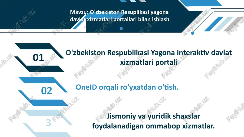 ik va jismoniy shaxslar uchun internet va statsionar telefon ulash uchun ariza berish; davlat soliq xizmatlari organlari tomonidan soliq qarzi mavjud emasligi to‘g‘risida ma’lumotnoma olish uchun ariza berish; telekommunikatsiya sohasiga tegishli litsenziyalarni olish bo‘yicha ariza berish. 2017-yil 18-iyul sanasida yidxp ning yangi 2-talqini my2.gov.uz veb-manzilida ishga tushdi hamda bugungi kunga qadar faol foydalanib kelinmoqda. yidxp 2-talqini jismoniy va yuridik shaxslarning ma’lumotlar bazasi bilan integratsiya qilingan hamda portalga kirish foydalanuvchilar yagona identifikatsiyasi qilish tizimi (oneid) orqali amalga oshiriladi. 2023-yil 24-oktabr kuni ict summit 2023 tadbirlari doirasida yidxp ning yangi 3-talqini my3.gov.uz veb-manzilida taqdim etildi. yidxp 3-talqini zamonaviy texnologiyalar asosida takomillashtirilgan dizaynga ega bo‘lib, myid yuzni tanish orqali identifikatsiyadan o‘tish, “muxlisa” ovozli yordamchisi, elektron xizmatlarni baholash kabi imkoniyatlarni o‘z ichiga oladi. yuridik shaxslar uchun tahrir yidxp da mavjud xizmatlardan 151 turdagisi faqat yuridik shaxslar uchun ko‘rsatiladi. yuridik shaxslar tomonidan elektron davlat xizmatlaridan foydalanishda ayrim hollarda yuborilayotgan ariza elektron raqamli imzo (eri) bilan …