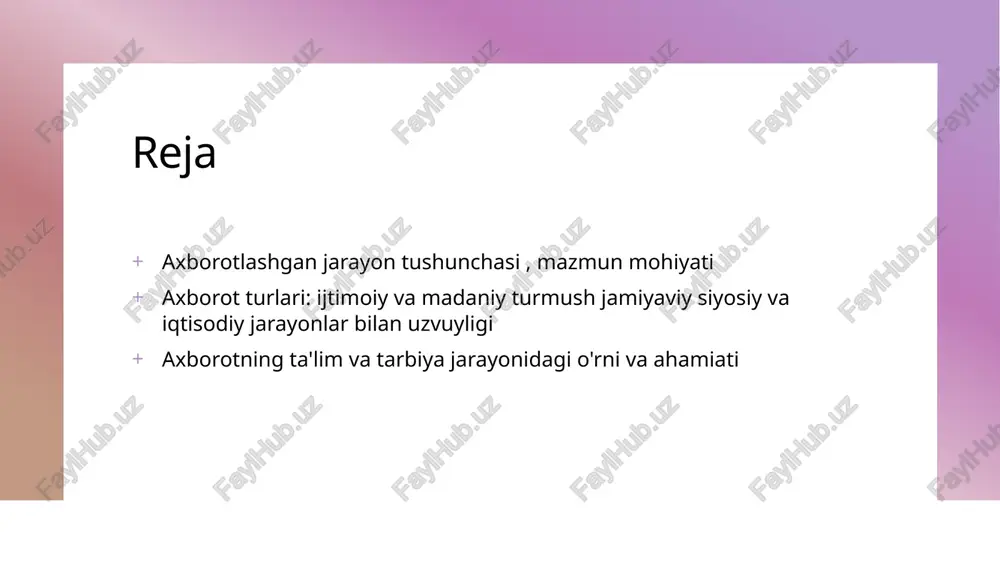 uvchilarga ijtimoiy va madaniy kontekstda bilim olish imkoniyatini yaratadi. axborot jarayonlarining siyosiy va iqtisodiy konteksti. siyosiy axborot siyosiy axborot jarayonlari davlat boshqaruvi va qonunchilikni shakllantirishda muhim rol o'ynaydi, fuqarolarning ishtirokini oshiradi. iqtisodiy axborot iqtisodiy axborot bozor tahlili va investitsiya qarorlarida muhim ahamiyatga ega, korxonalar va davlat siyosatiga ta'sir qiladi. axborot va raqobat axborot jarayonlari raqobatbardosh muhitni yaratish uchun zarur. ular innovatsiyalarni qo'llab-quvvatlaydi va iqtisodiy rivojlanishni tezlashtiradi. ta'lim jarayonida axborotlashgan jarayonlar: o'rni va ahamiyati. 1 ta'lim jarayonlari ta'lim jarayonlari axborotlashgan jarayonlar orqali yanada samarali bo'ladi, o'quvchilar bilim olishda yangiliklardan foydalanish imkoniyatiga ega bo'lishadi. 2 axborotning ta'siri axborotning ta'siri ta'lim jarayonida muhim ahamiyatga ega; o'quvchilar axborotni to'g'ri baholash va ishlatish ko'nikmalarini o'zlashtiradilar. 3 innovatsion yondashuvlar innovatsion yondashuvlar ta'limda axborotni qo'llashni osonlashtiradi, interaktiv resurslar va texnologiyalardan foydalanish orqali o'qitishni samarali qiladi. axborotlashgan jarayonlarning zamonaviy dunyodagi roli. axborot va taraqqiyot axborotlashgan jarayonlar zamonaviy taraqqiyotning asosiy omillaridan biri bo'lib, u iqtisodiy va ijtimoiy o'zgarishlarni tezlashtiradi. …