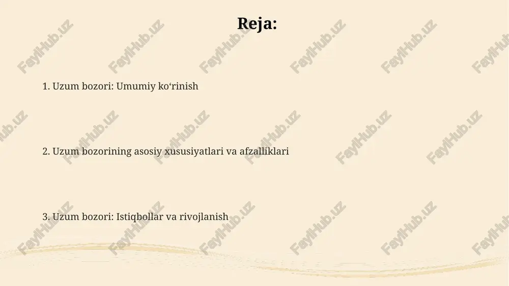 et mahsulotlarini 50+ filialga yetkazish imkoniyatini beradi, logistika xarajatlarini kamaytiradi va oxvatni kengaytiradi, bu esa 20% gacha savdo hajmini oshirishi mumkin. xaridorlar uchun uzum market turli xil mahsulotlarni arzon narxlarda, 30+ toifadagi mahsulotlarni topish imkonini beradi, shuningdek, bepul yetkazib berish aksiyalaridan foydalanishlari mumkin. uzum market orqali sotuvchilar kredit olish imkoniyatiga ega, bu biznesni rivojlantirishga yordam beradi. kredit foizlari 15% dan boshlanadi va 12 oy muddatga berilishi mumkin. uzum bozorining kelajagi kelajakda uzum bozori sun'iy intellektga asoslangan shaxsiy tavsiyalarni joriy etish orqali xaridorlar tajribasini yaxshilaydi, bu esa savdo hajmini kamida 15% ga oshirishi mumkin. uzum bozorining kelajagi 2025-yilga borib, elektron tijorat ulushining 30% ga yetishi kutilmoqda, bu logistika infratuzilmasini takomillashtirish va to'lov tizimlarini modernizatsiya qilish bilan bog'liq. uzum bozorining kelajagi mahalliy ishlab chiqaruvchilarni qo'llab-quvvatlashga qaratilgan bo'lib, ularga platformada ustuvorlik beriladi, natijada mahalliy brendlarning ulushi 40% ga yetadi. e'tiboringiz uchun rahmat