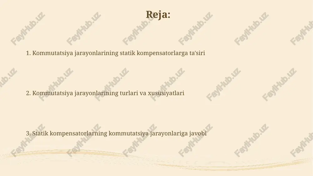 da, statik kompensatorlarda harmonik toklar sezilarli darajada kamayadi, lekin kalitlash yo'qotishlari eksponensial ravishda ortadi. kalitlash chastotasi 1 khz dan past bo'lganda, statik kompensatorning javob tezligi sekinlashadi va quvvat sifatini yaxshilashda kechikishlar yuzaga keladi. harmonikalar hosil bo'lishi va filtrlash kommutatsiya jarayonlarida garmonikalar paydo boʻlishi asosan yarimoʻtkazgichli qurilmalarning tezkor yoqilishi va oʻchirilishi natijasida sodir bo'ladi, natijada yuqori chastotali tarkibiy qismlar hosil bo'ladi. garmonik filtrlash passiv (l va c elementlari) yoki aktiv (quvvat elektronikasi asosida) filtrlardan foydalanishni o'z ichiga oladi, bu esa garmonik oqimlarni kamaytirish yoki yo'q qilish uchun rezonans sxemalarini yaratadi. kuchlanish tebranishlari va ularni kamaytirish kuchlanish tebranishlari reaktiv quvvatning o'zgarishi natijasida yuzaga keladi, bu esa 10-50 hz chastotali kuchlanish o'zgarishlariga olib keladi. statik kompensatorlar (statcom) kuchlanish tebranishlarini 5-15 ms ichida tezkor reaktiv quvvat in'ektsiyasi orqali kamaytiradi, shu bilan barqarorlikni ta'minlaydi. statcomning dinamik xususiyatlariga ta'siri kommutatsiya jarayonlari statcomning dinamik xususiyatlariga ta'sir ko'rsatadi, reaktiv quvvat in'ektsiyasining tezligi 10-20 ms gacha o'zgaradi, bu esa …