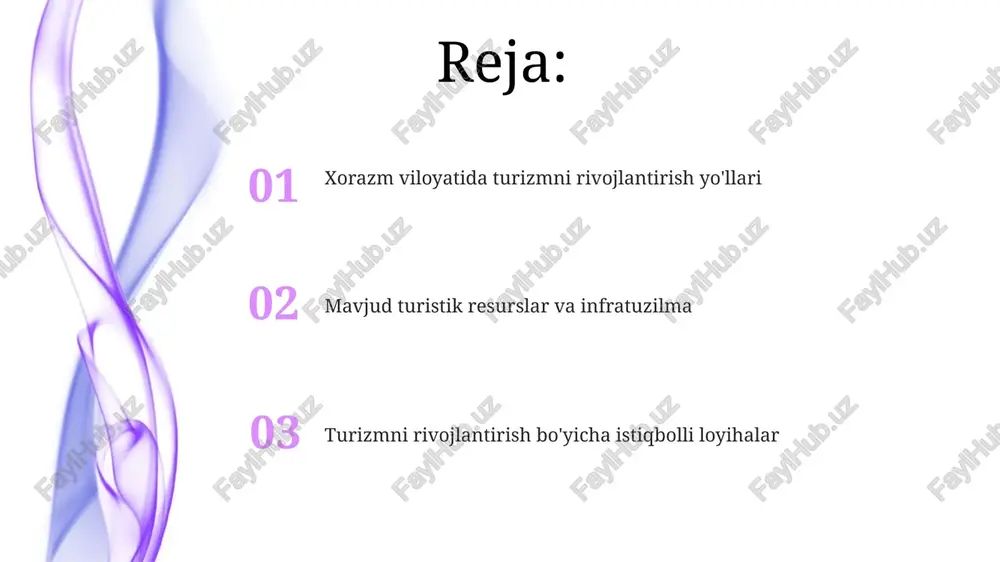 hun subsidiyalar ajratilishi, loyihaning 30% gacha qismini qoplashga yordam beradi, bu esa investitsiya xavfini kamaytiradi. mehmonxona biznesi uchun soliq imtiyozlari joriy etilishi, ayniqsa kichik va o'rta biznes subyektlari uchun foydali, 3 yilgacha soliq to'lashdan ozod qilinishi mumkin. ekologik turizmni rivojlantirish imkoniyatlari amudaryo deltasi biosferasida 300 dan ortiq qush turlarini kuzatish imkoniyati mavjud bo'lib, bu ornitologik turizmni rivojlantirish uchun katta salohiyatdir. qizilqum cho'lida joylashgan “jayron” ekologik markazi flora va faunani saqlash bilan birga, 20 dan ortiq ekoturistik marshrutlarni taklif etadi. qishloq turizmini rivojlantirish qishloq turizmini rivojlantirish uchun oilaviy mehmon uylarini tashkil etish, mahalliy hunarmandchilikni (gilamdo'zlik, kashtachilik) namoyish etish va 3-5 kunlik master-klasslar o'tkazish zarur. xorazm qishloqlarida agroturizmni yo'lga qo'yish, masalan, uzumzorlarda 2-3 kunlik sayrlar uyushtirish, hosil yig'ishda ishtirok etish va milliy taomlar tayyorlashni o'rgatish mumkin. xizmat ko'rsatish sifatini oshirish turistik ob'ektlarda interaktiv displeylar va qr kodli ma'lumot tizimini joriy etish, masalan, 7/24 ishlaydigan call-markaz xizmat ko'rsatish sifatini yaxshilaydi. xodimlar uchun 3 …